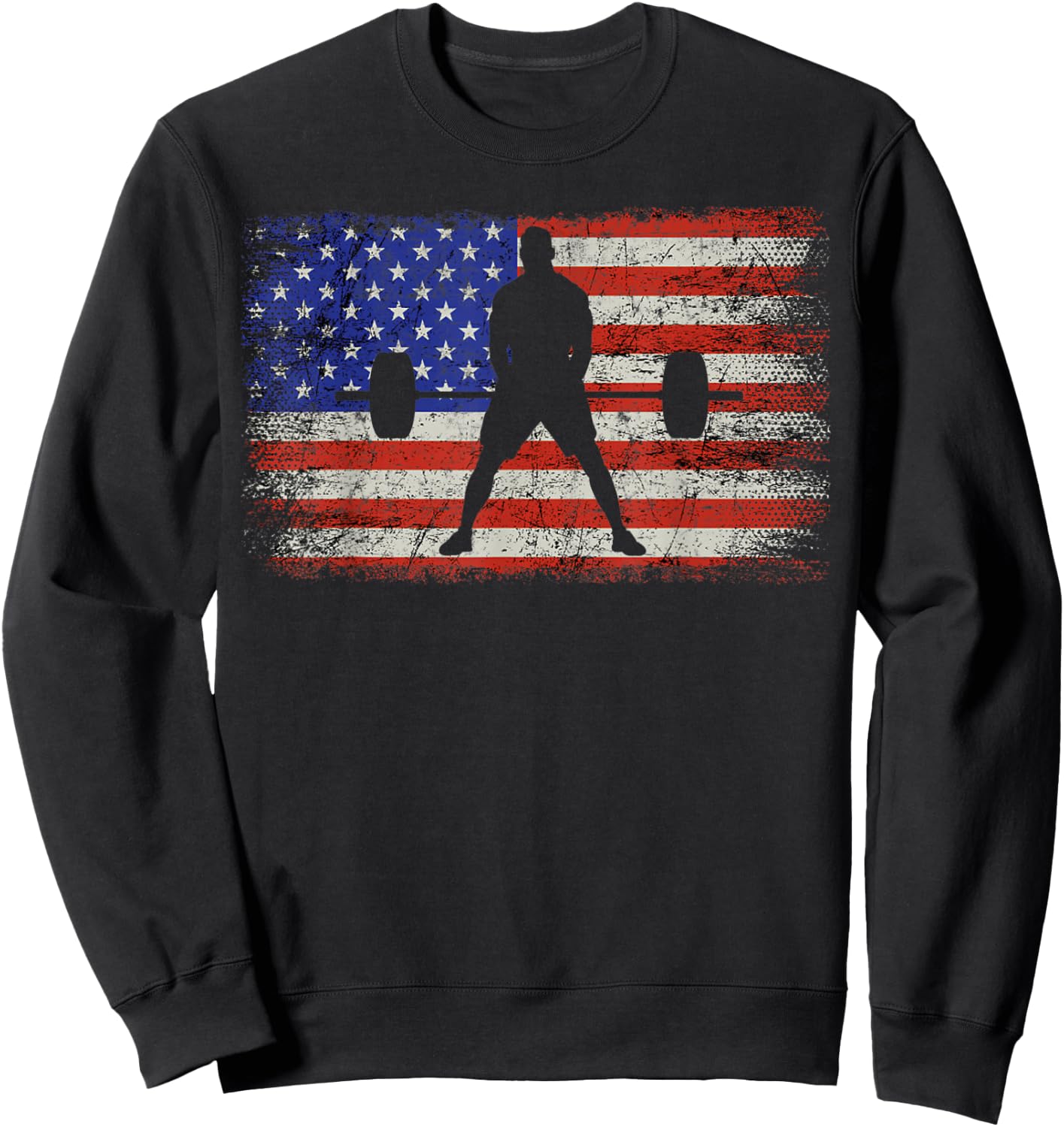 Weightlifting Patriotic Barbell American Flag Weight Lifter Sweatshirt - Sweatshirt | Black
