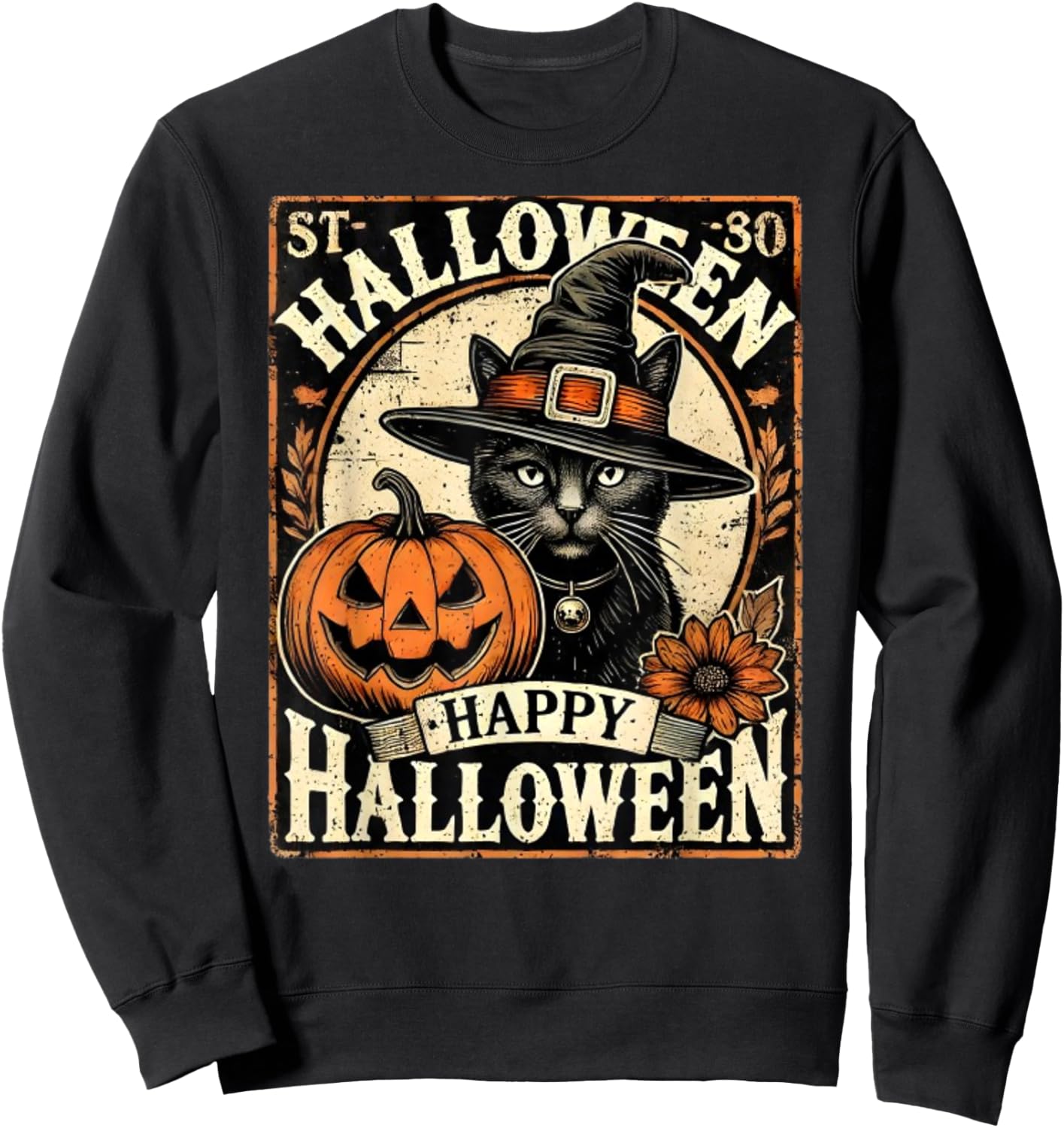 Vintage Halloween Shirt Black Cat With Witches Hat Women Kids Sweatshirt - Sweatshirt | Black