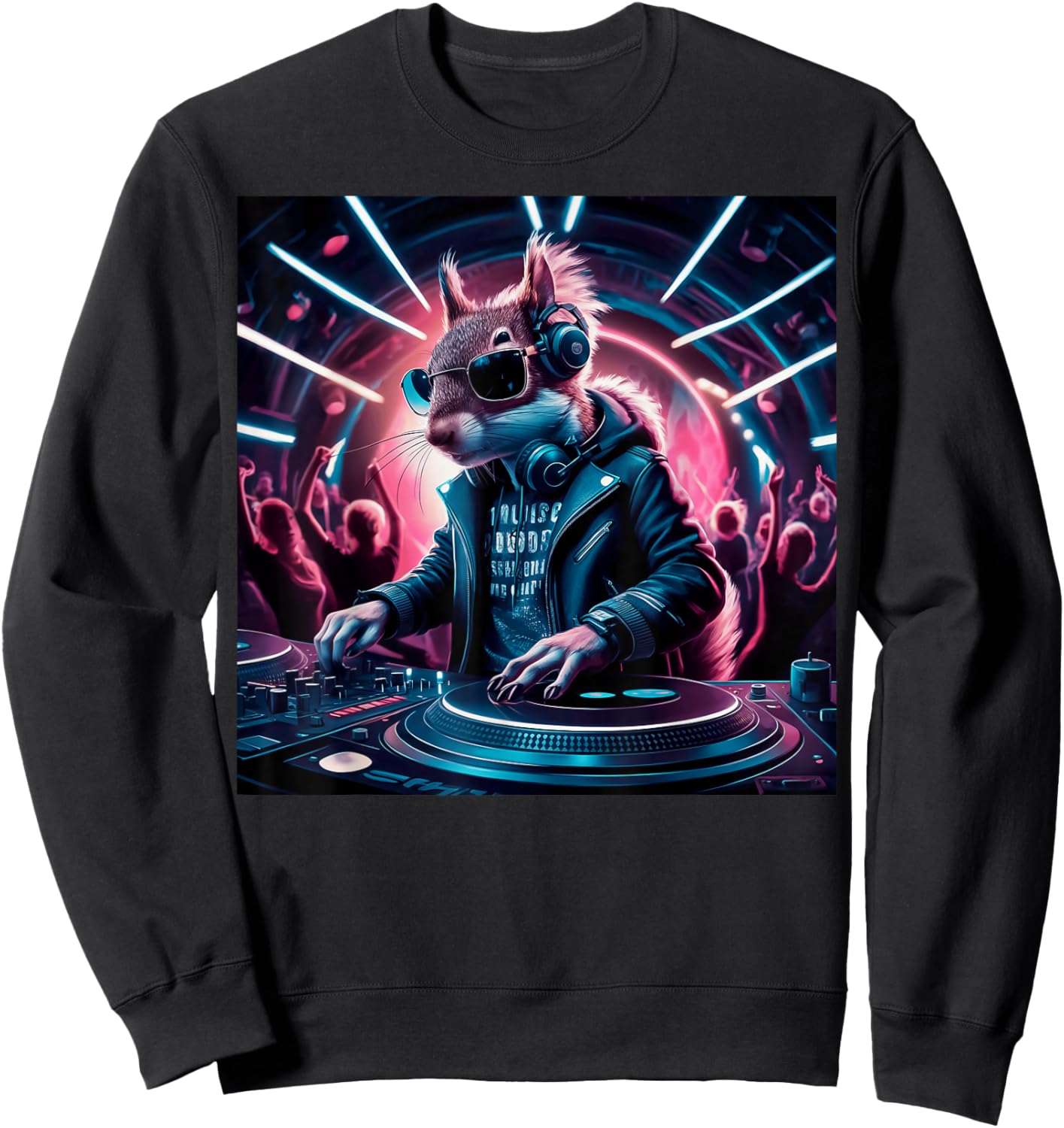 The Beat Never Stops Dj Squirrel In Leather Jacket Edm Art Sweatshirt - Sweatshirt | Black