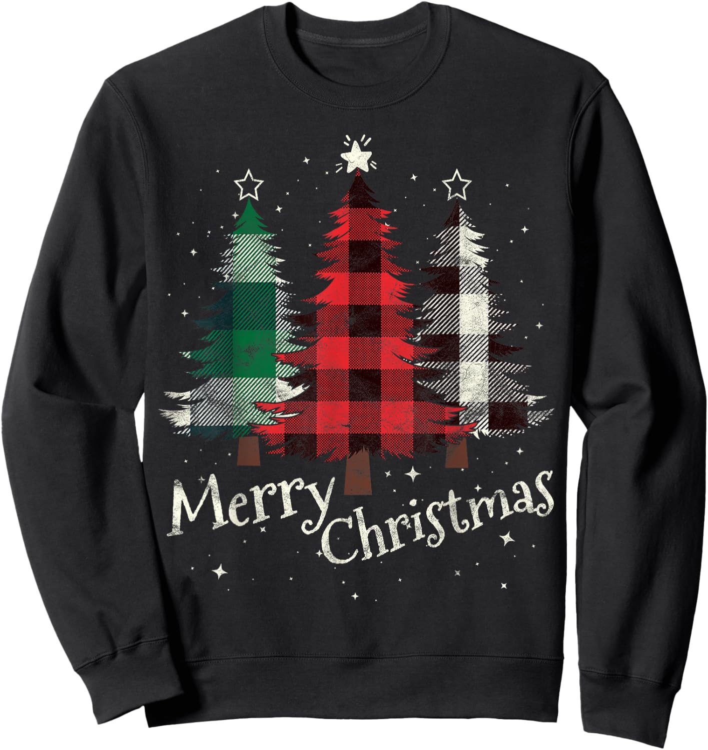 Merry Christmas Three Xmas Trees Buffalo Plaid Woman Gift Sweatshirt - Sweatshirt | Black