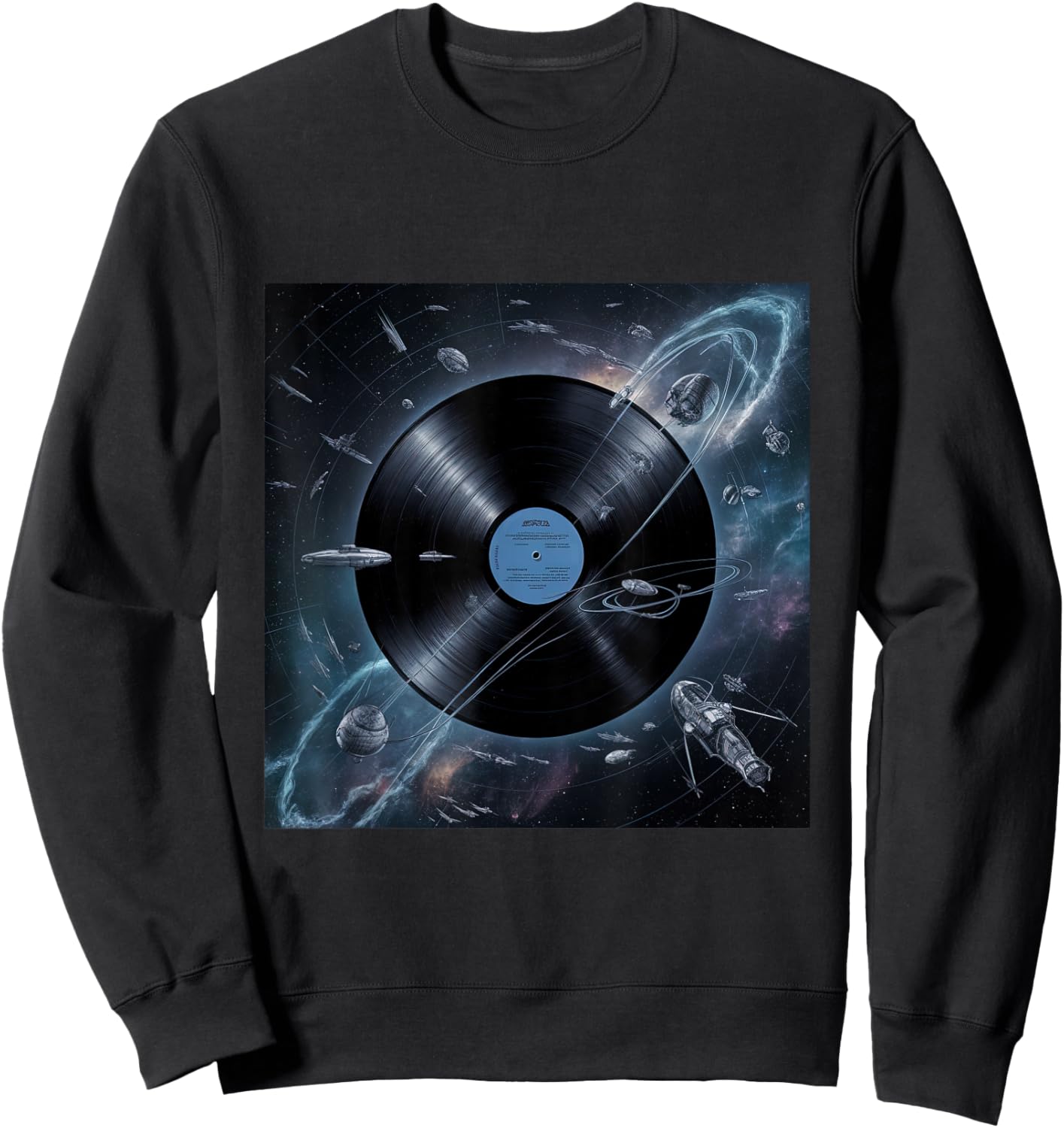 Vinyl Record Planet with Orbiting Satellites Spaceships Sweatshirt - Sweatshirt | Black