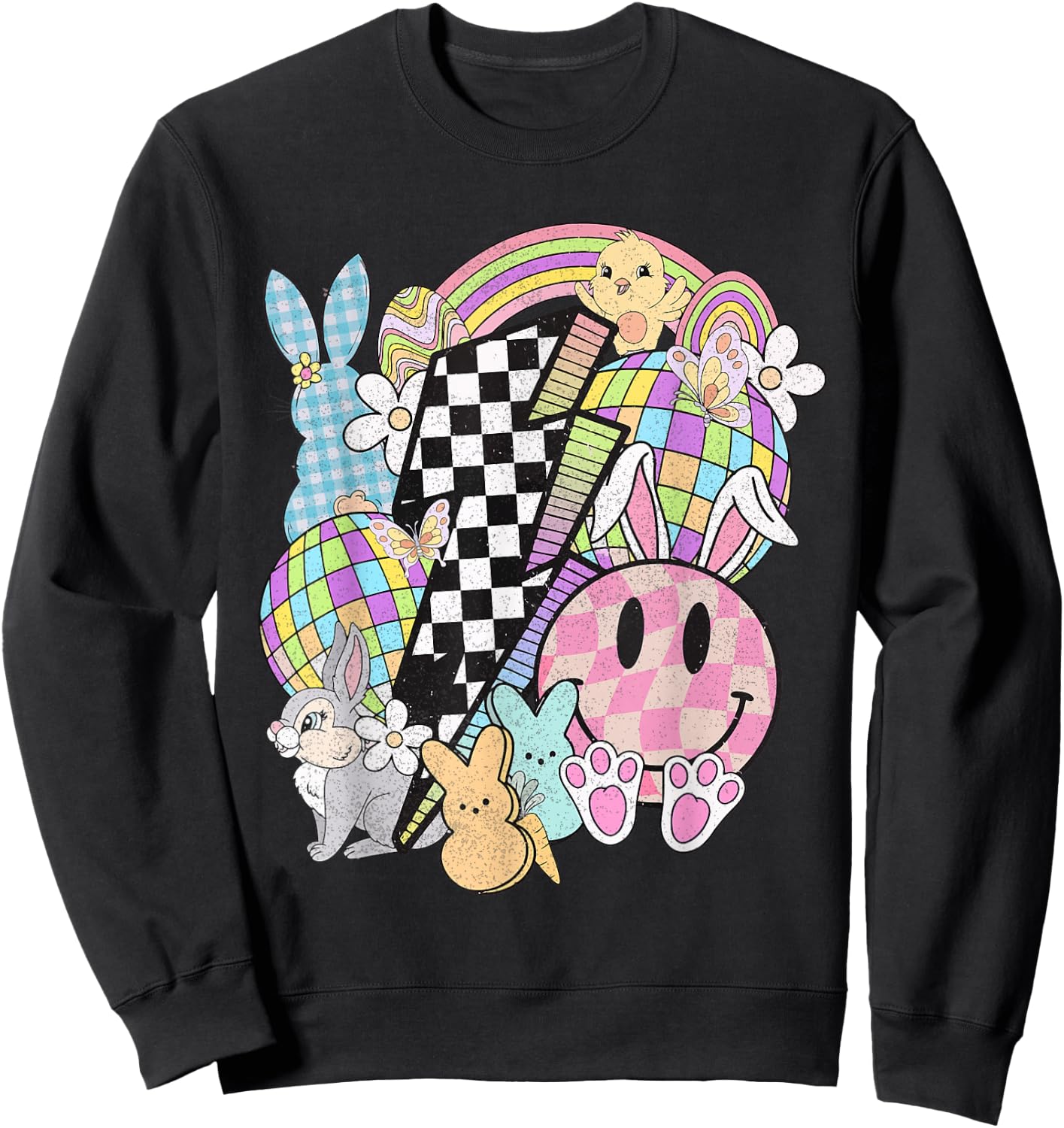 Retro Groovy Happy Easter Bunny Smile Face For Girls Sweatshirt - Sweatshirt | Black