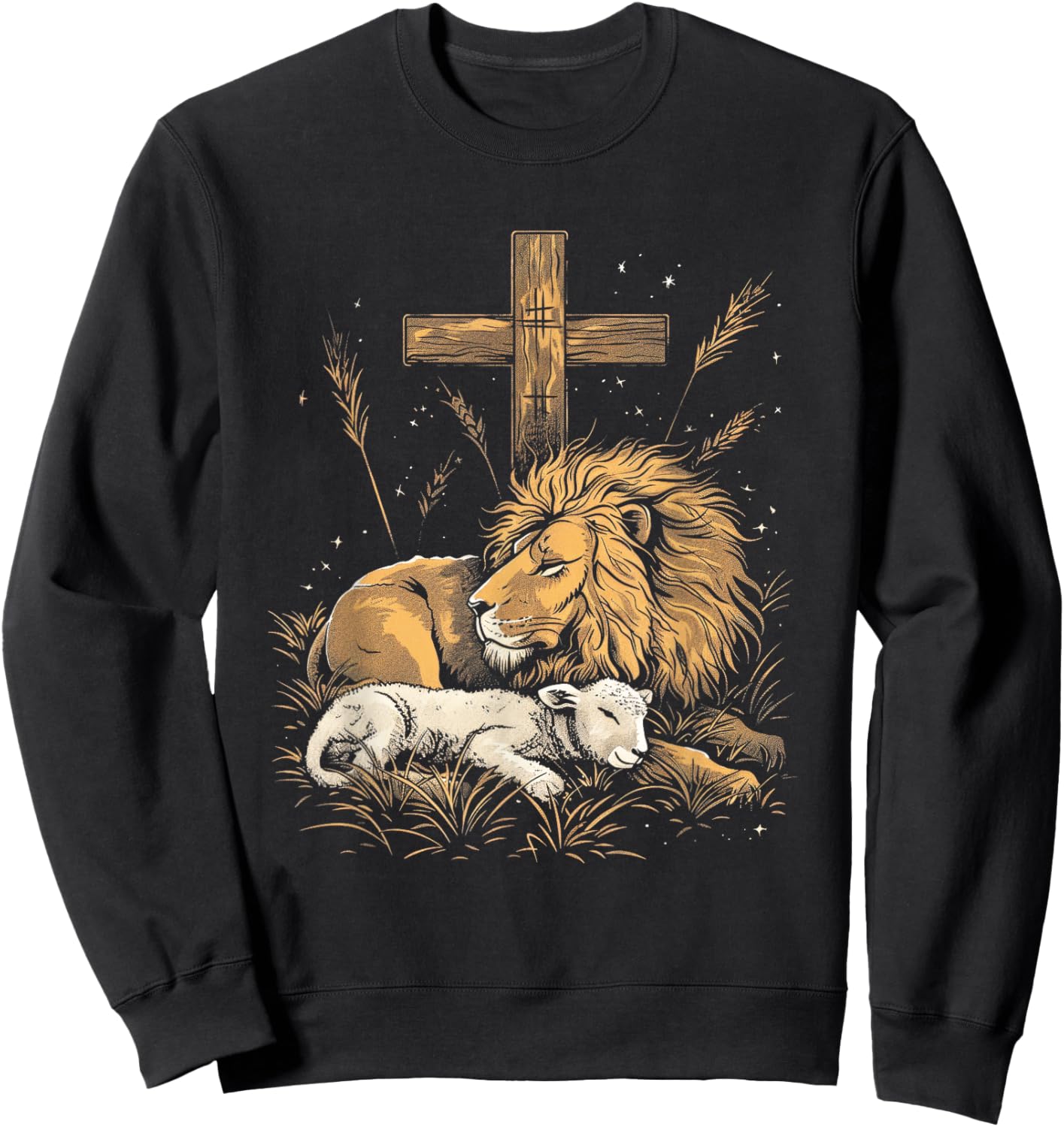 Religious Art Faith Spiritual Symbol Biblical Christianity Lion Lamb Christian Cross Sweatshirt - Sweatshirt | Black