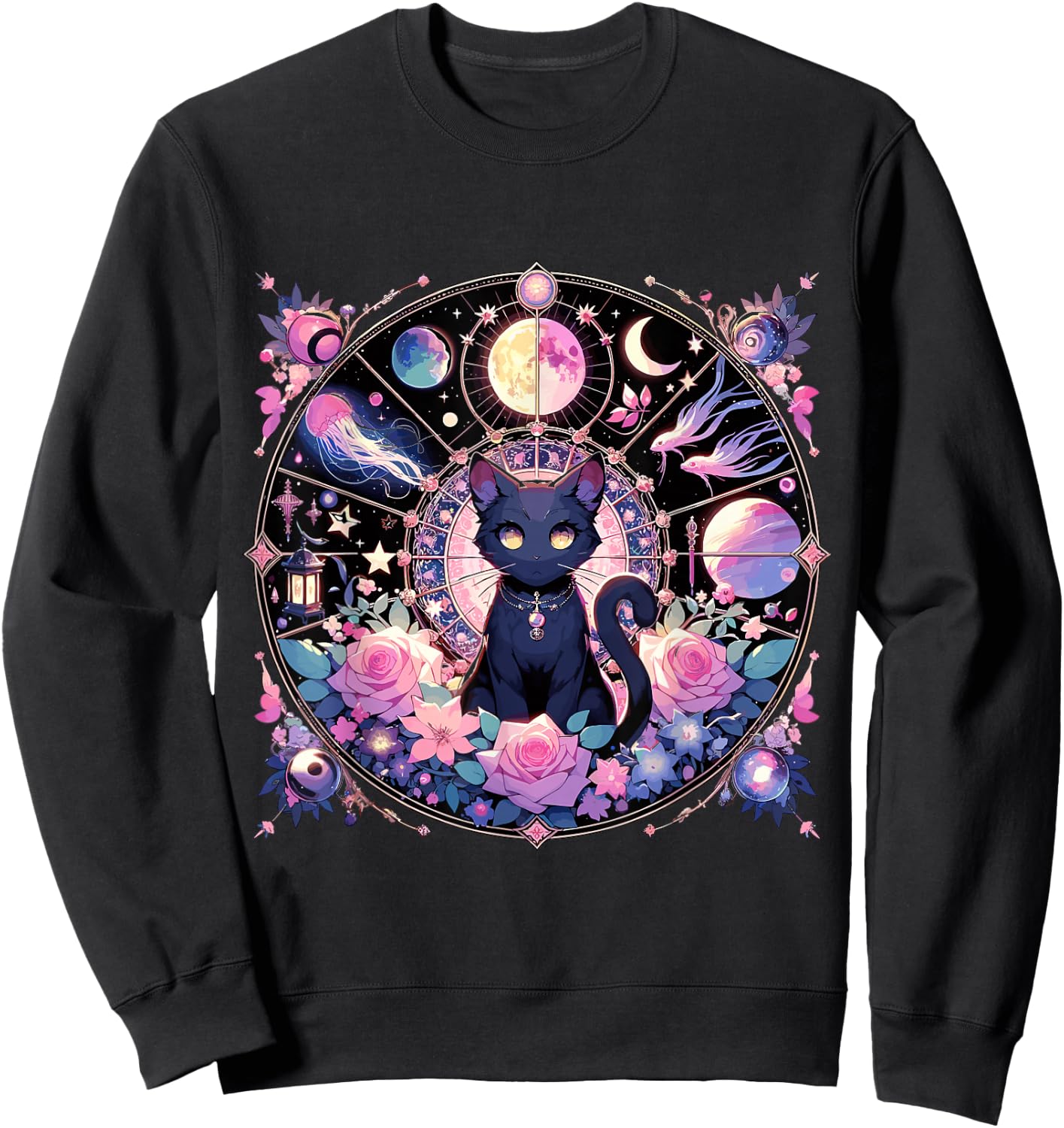 Moon Phases Crystal Witchy Cute Black Cat Kawaii Pastel Goth Sweatshirt - Sweatshirt | Black