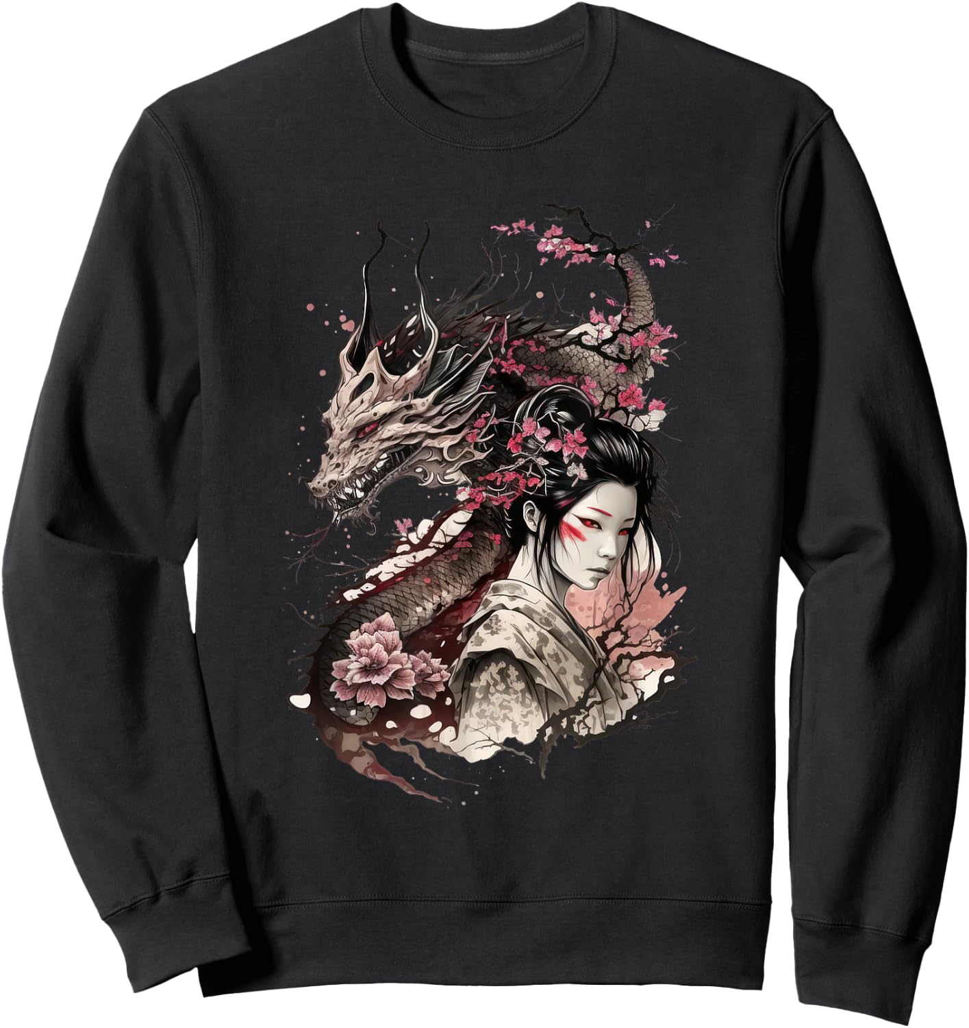 198 Sakura Japan Geisha Japanese Dragon Cherry Blossom Sweatshirt - Sweatshirt | Black