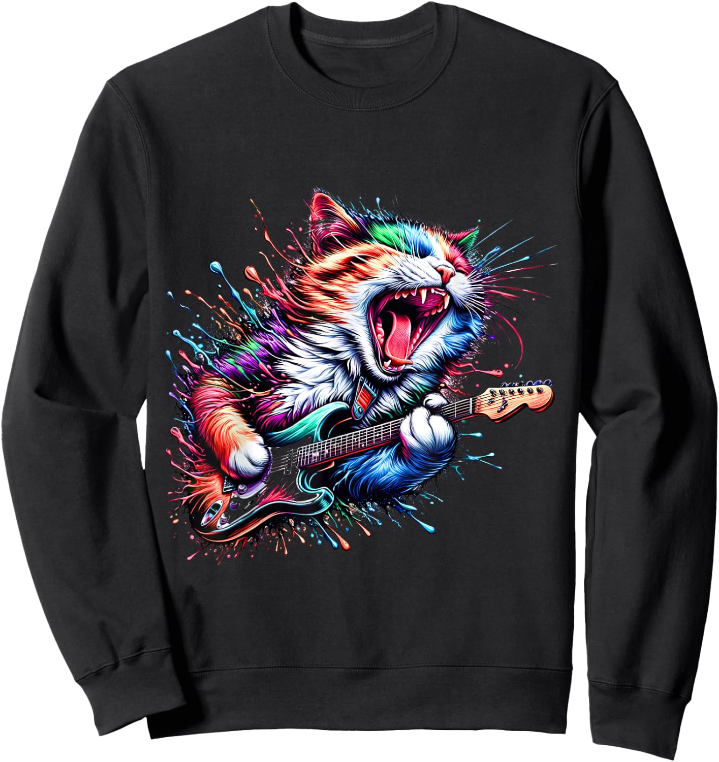 Kitty Cat Playing Guitar Rock Cat Heavy Metal Cat Music Cat Sweatshirt - Sweatshirt | Black