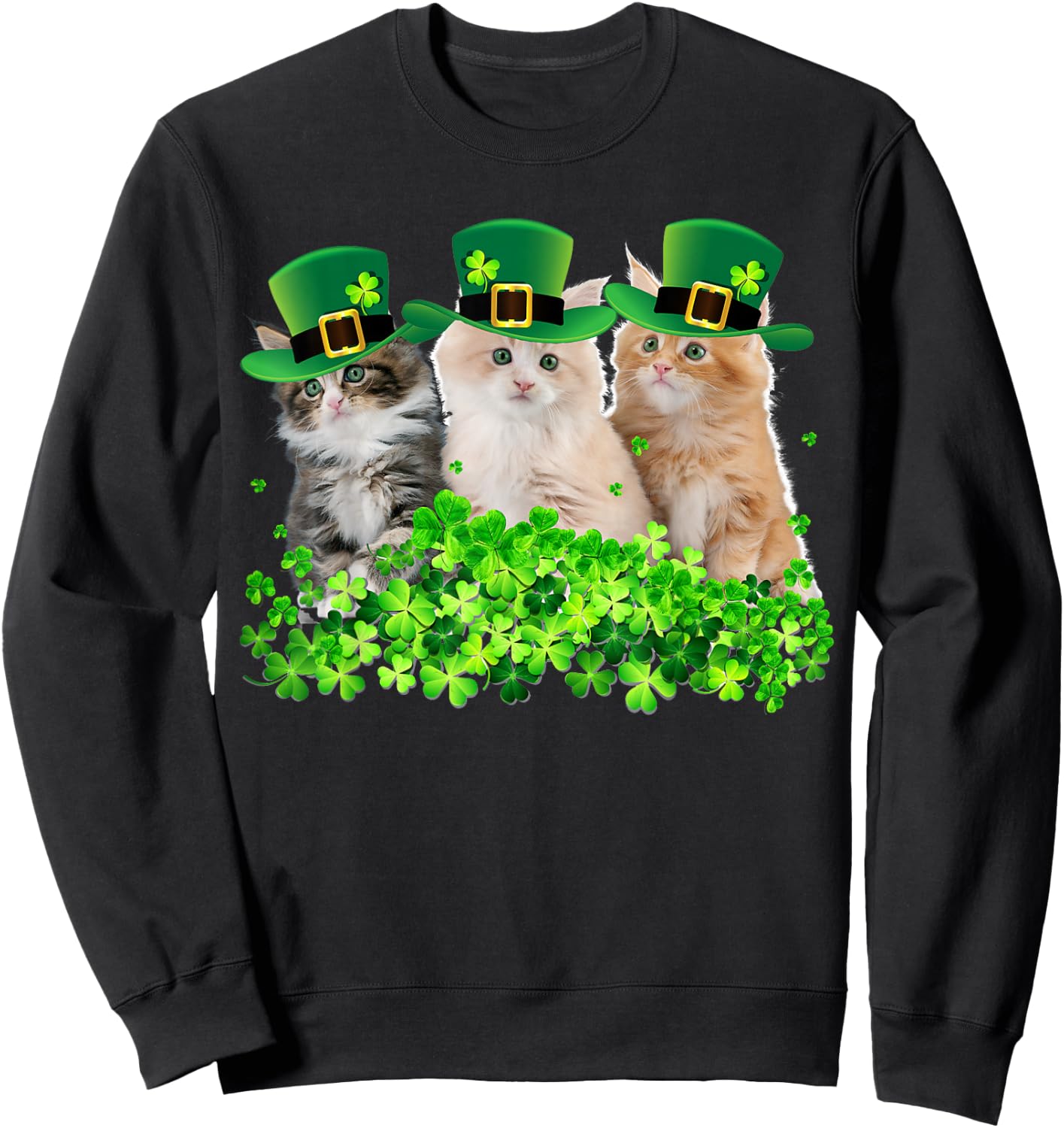 Three Cat St Patricks Day Kitty Kitten Lover Irish Sweatshirt - Sweatshirt | Black