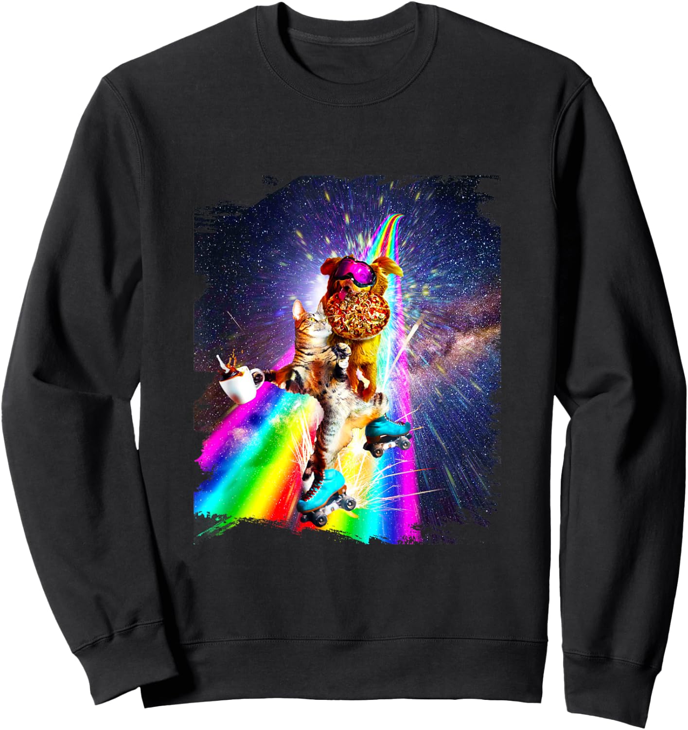 Dog Cat On Roller Skates With Pizza Coffee Sweatshirt - Sweatshirt | Black