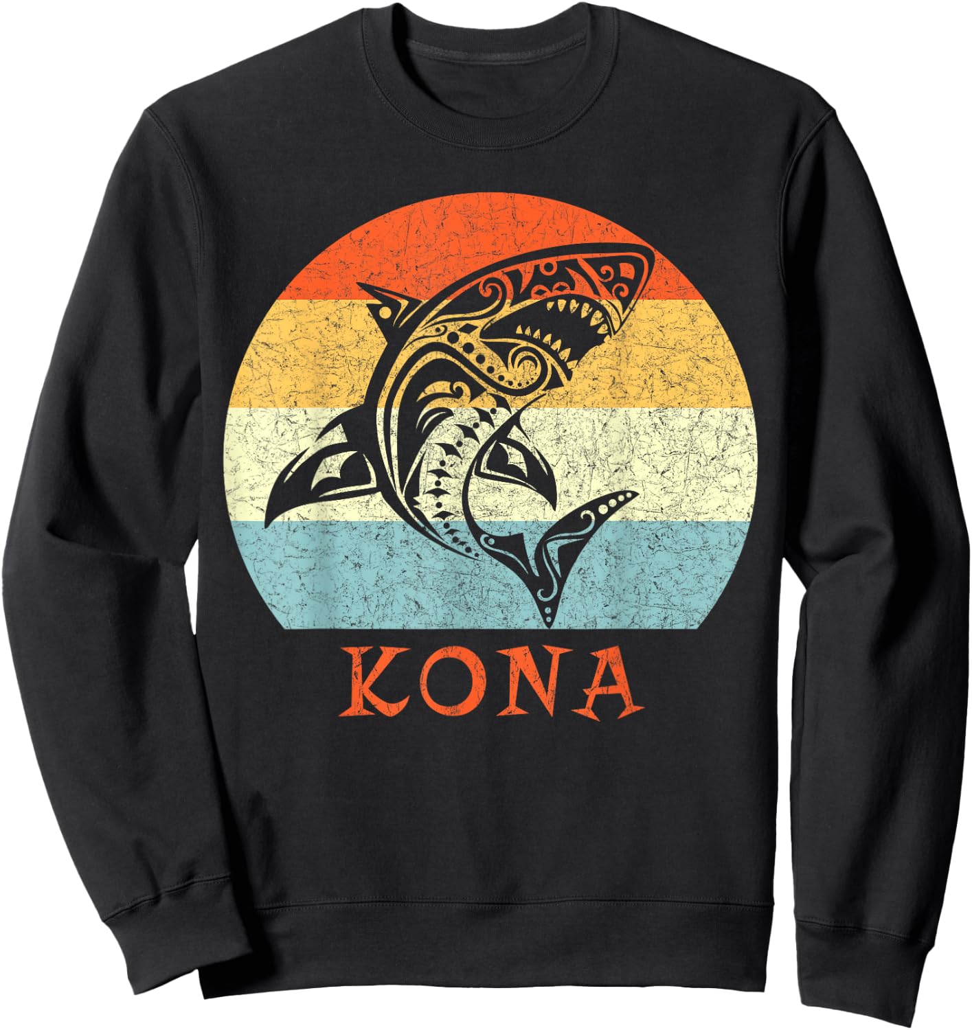 Kona, Hawaii Vintage Shark Retro Throwback Vacation Sweatshirt - Sweatshirt | Black
