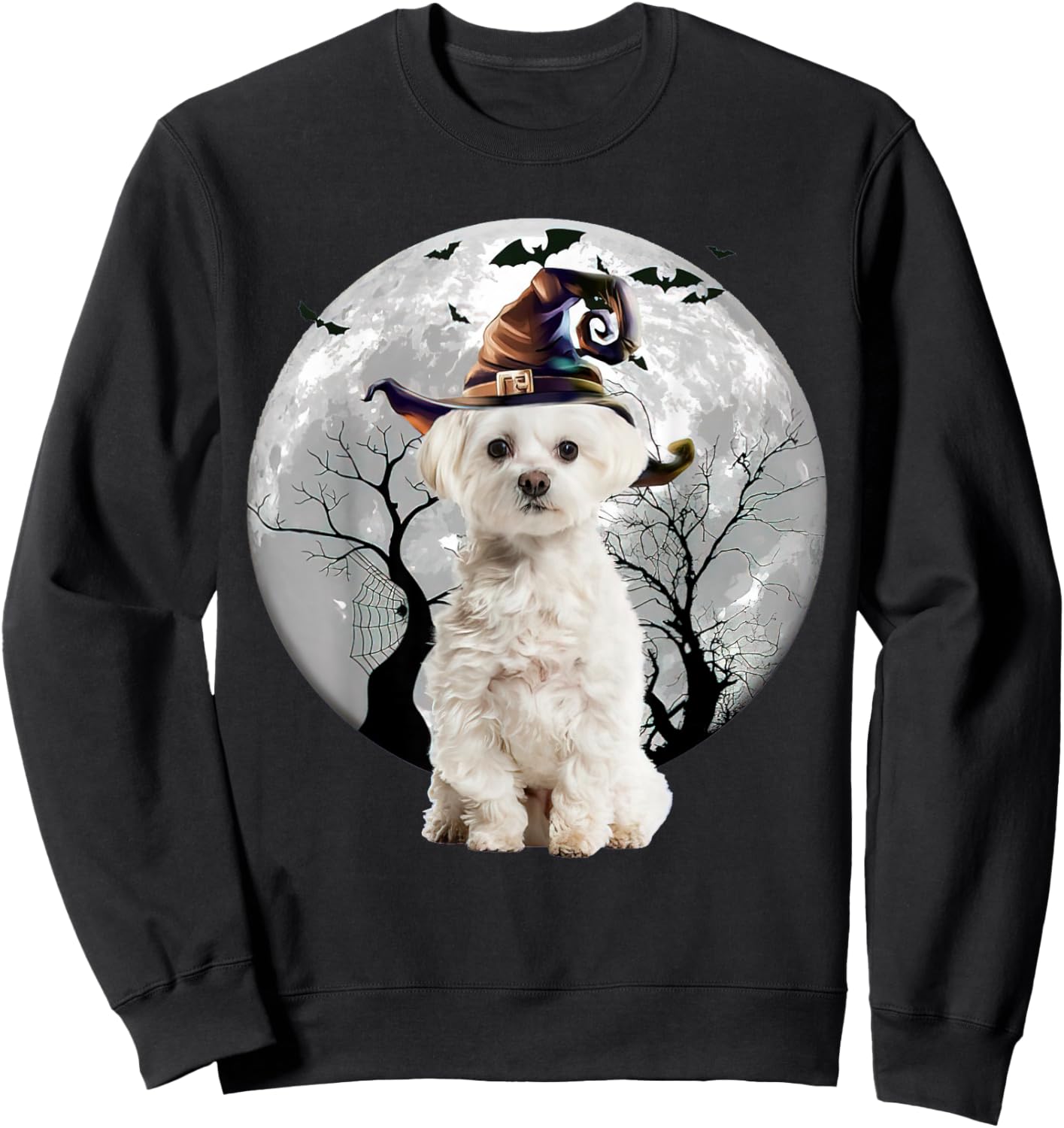 Maltese Dog And Moon Halloween Costume Dog Lover Funny Sweatshirt - Sweatshirt | Black