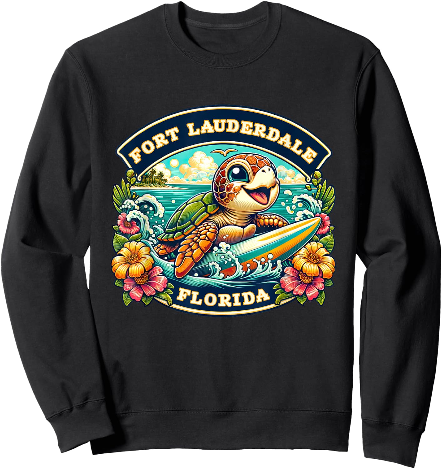 Fort Lauderdale Florida Cute Sea Turtle Surfing Sweatshirt - Sweatshirt | Black