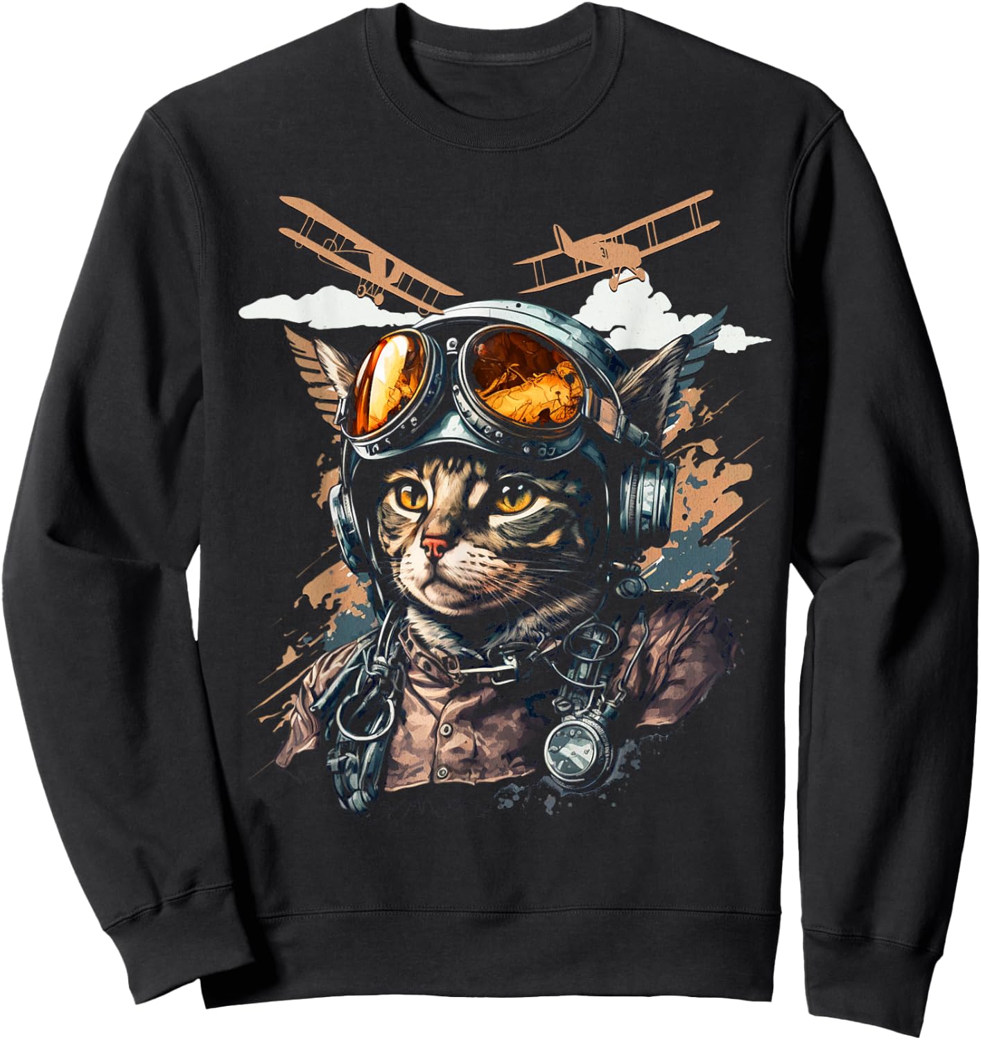 Funny Vintage Cat Airplane Pilot Women Kids Sweatshirt - Sweatshirt | Black