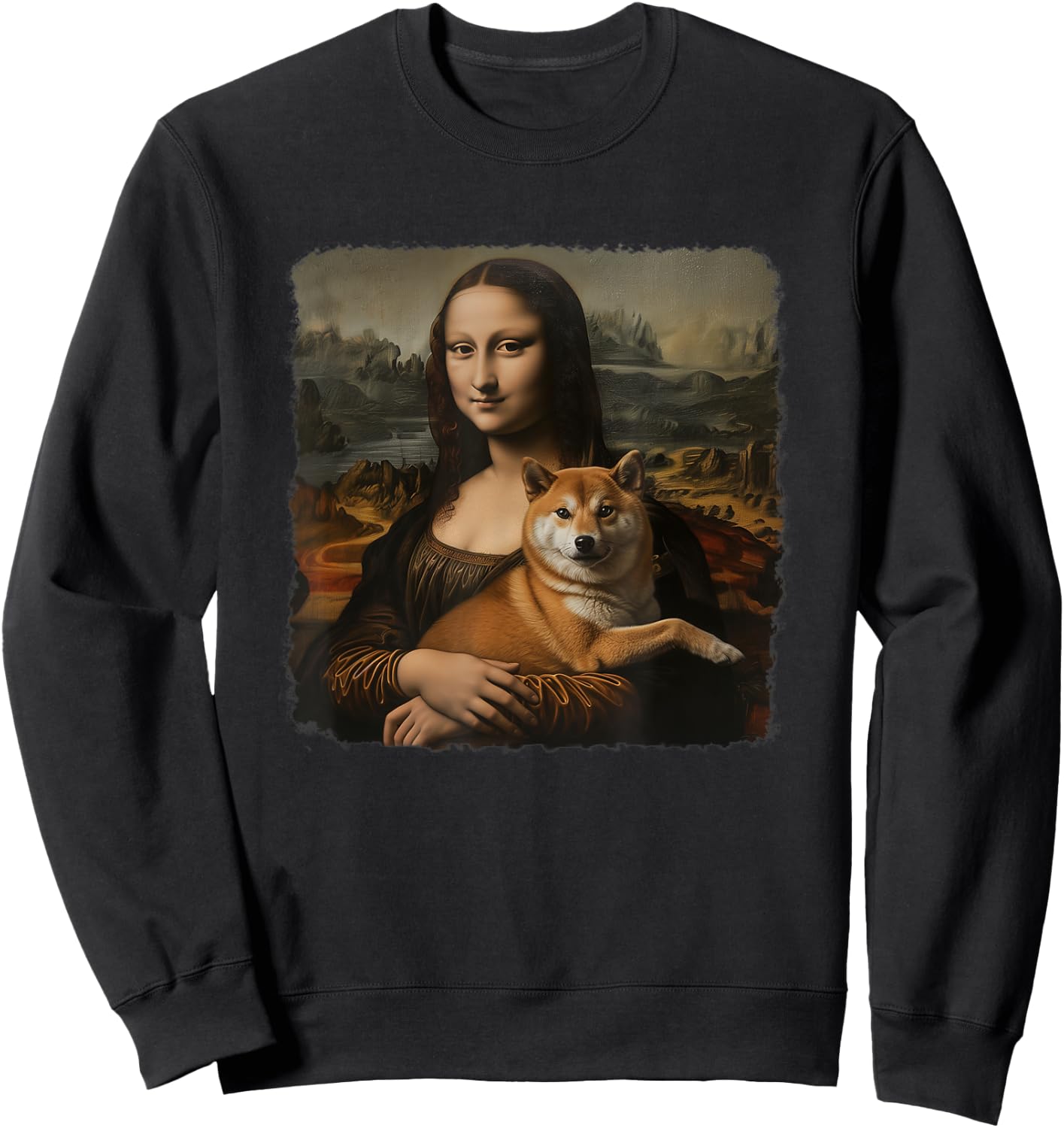 Mona Lisa With with Dog Funny Shiba Inu Art Painting Sweatshirt - Sweatshirt | Black