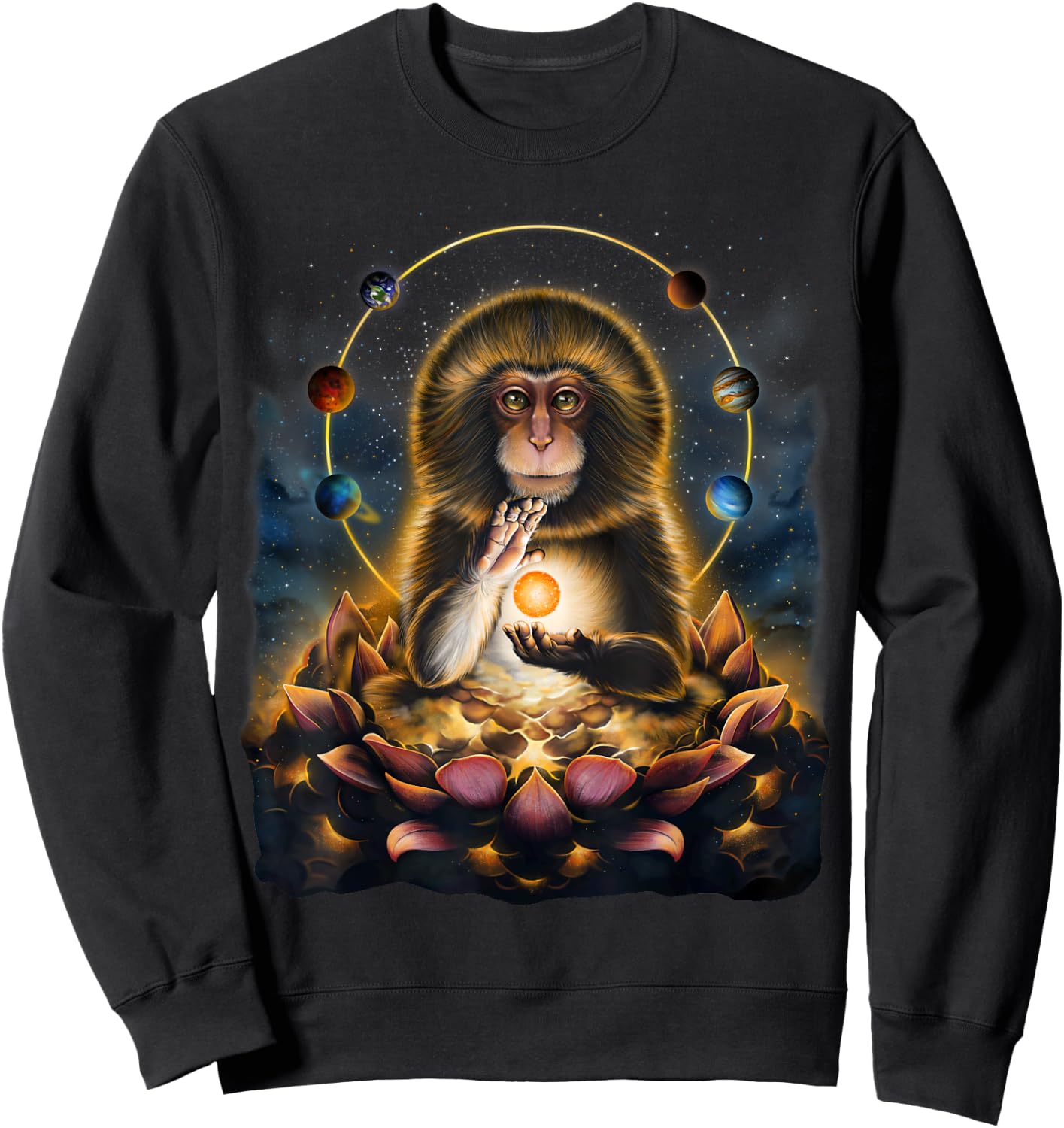 Celestial Monkey Holding Sun Surrounded by Planets and Lotus Sweatshirt - Sweatshirt | Black