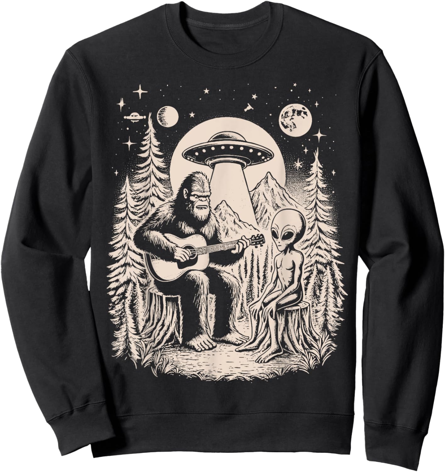 Funny Big Foot Alien Spaceship Big Foot Sasquatch Ape Guitar Sweatshirt - Sweatshirt | Black