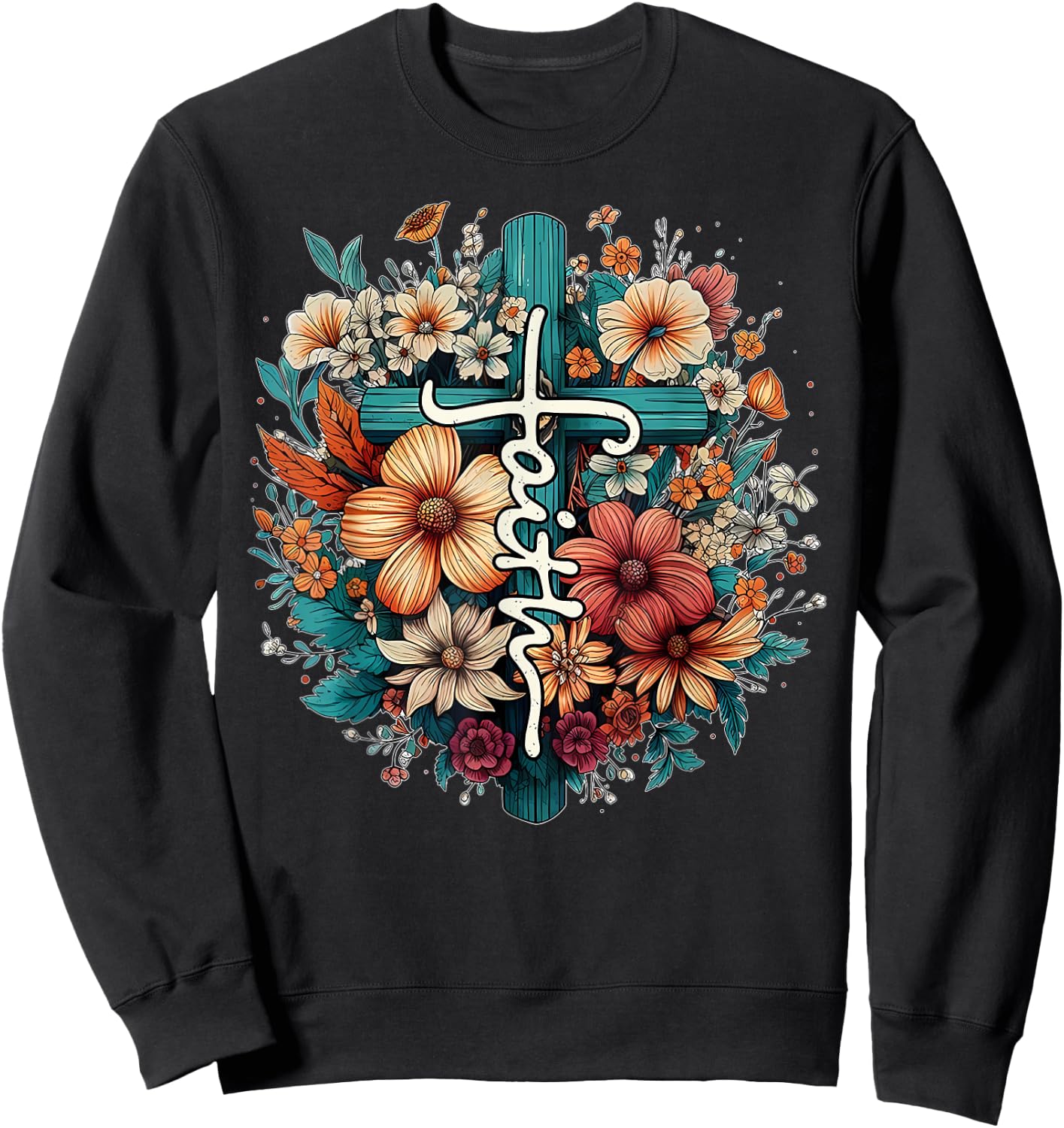 Retro Floral Christian Butterfly Faith Cross Vintage Faith Sweatshirt - Sweatshirt | Black