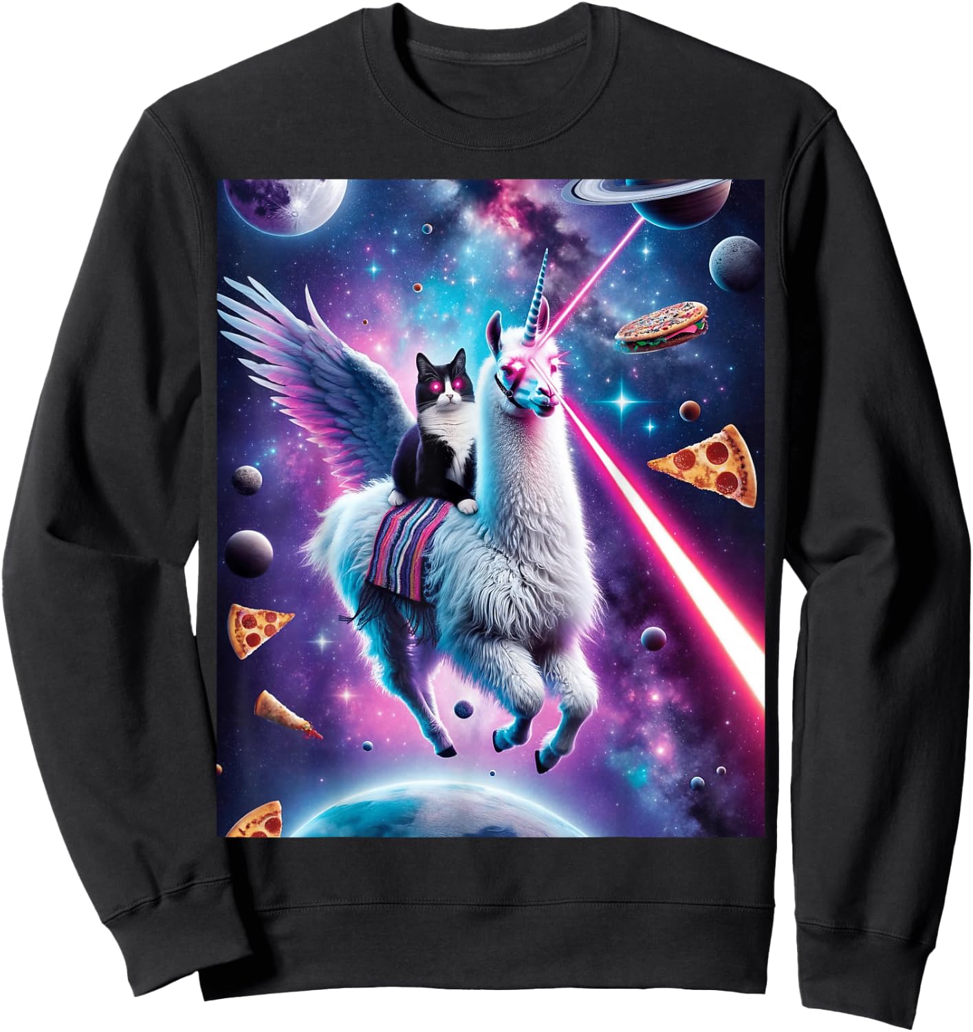 Laser Eyes Outer Space Cat Riding Llama Unicorn Ufo Tacos Sweatshirt - Sweatshirt | Black