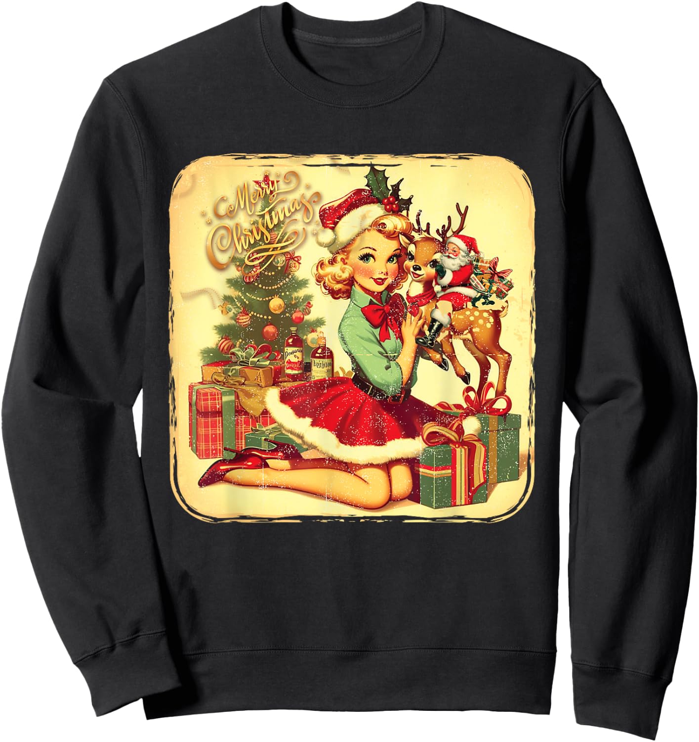 Vintage Pin Up Little Girl Reindeer Retro 1950S Christmas Sweatshirt - Sweatshirt | Black