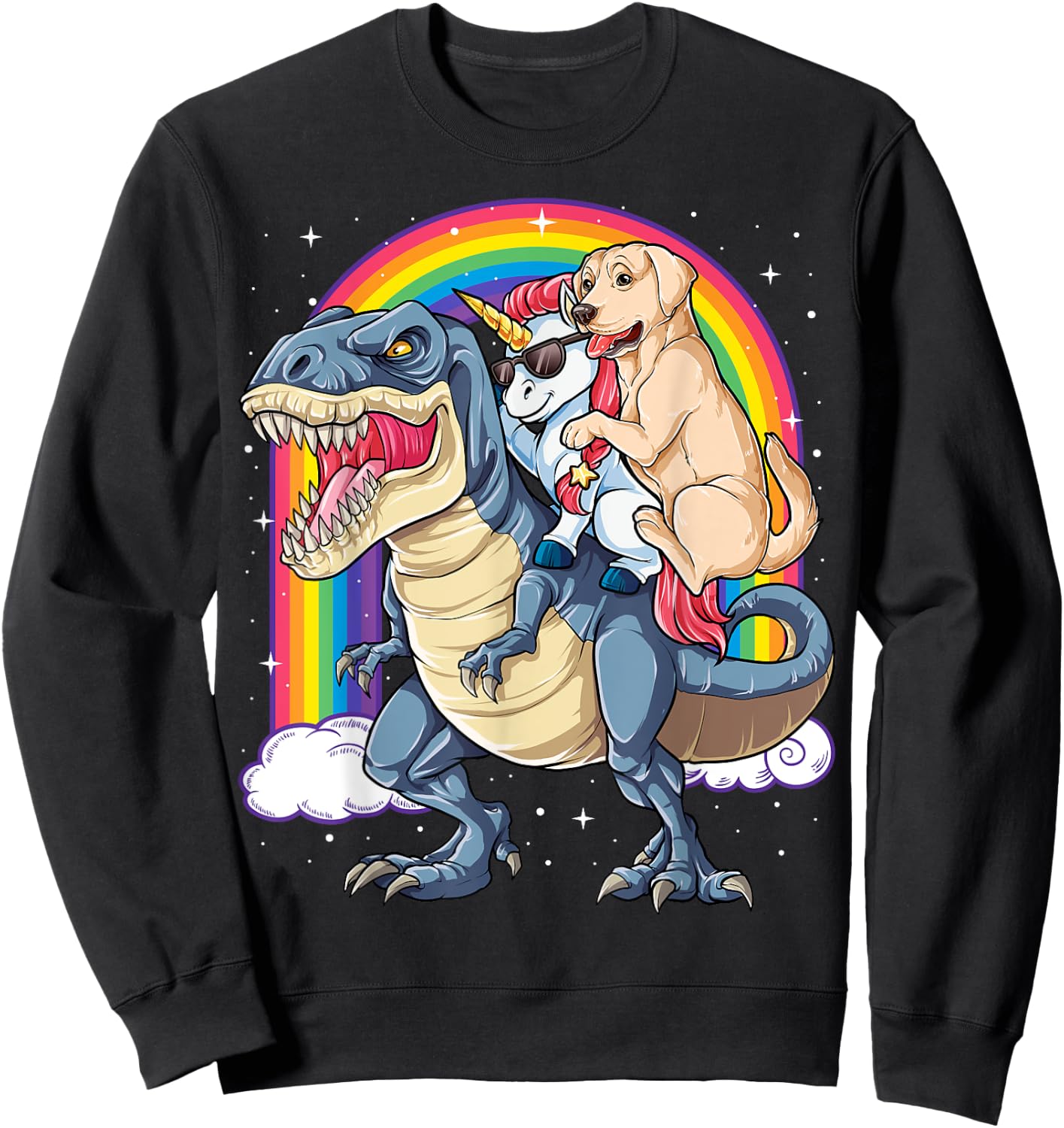 Labrador Unicorn Riding Dinosaur T-rex Girls Kids Rainbow Sweatshirt - Sweatshirt | Black