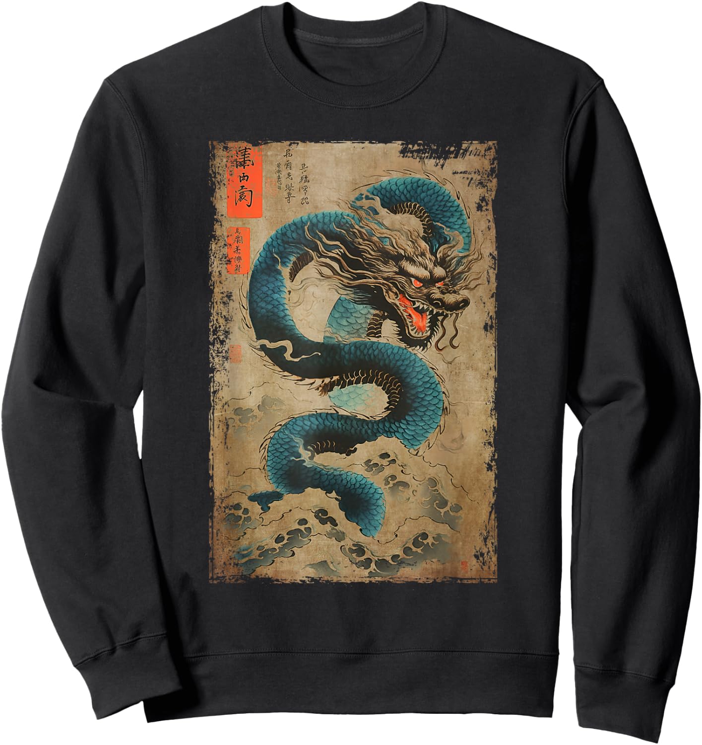 Japanese Dragon and The Great Wave off Kanagawa Woodblock Sweatshirt - Sweatshirt | Black