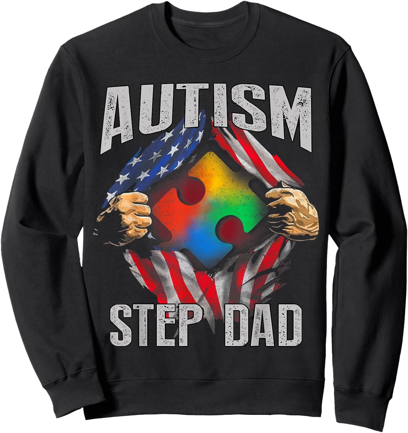 Autism Step Dad American Flag Autism Awareness Sweatshirt - Sweatshirt | Black