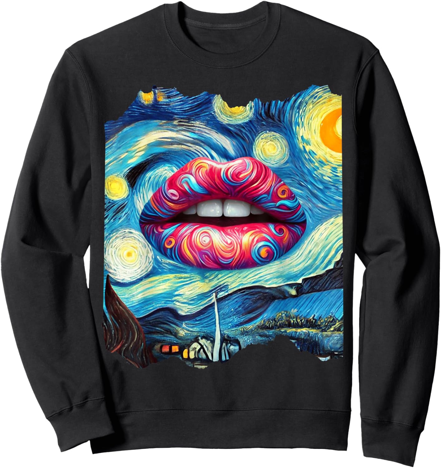 Lips Fashion Van Gogh Art Painting Star Sky Night Lips Sweatshirt - Sweatshirt | Black