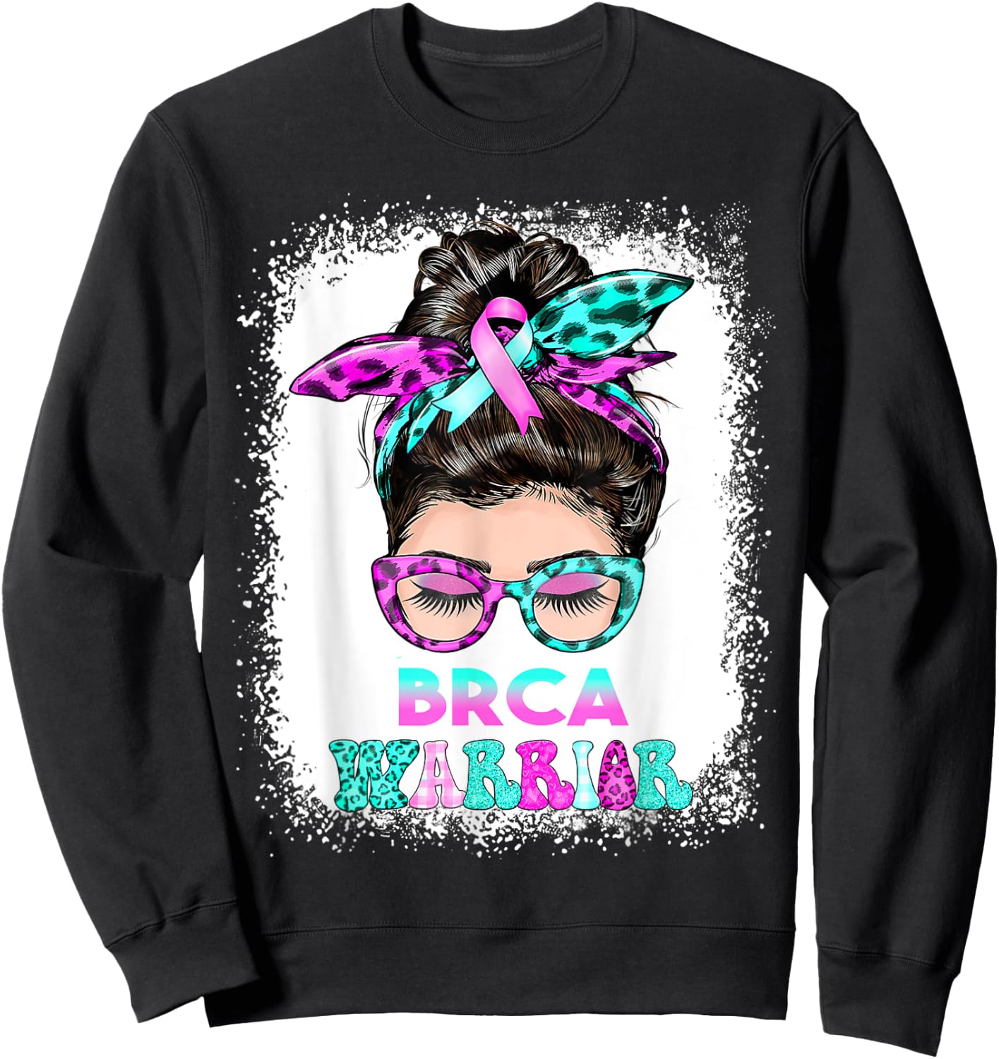 BRCA Warrior, pink-teal Messy Bun Breast Cancer Awareness Sweatshirt - Sweatshirt | Black