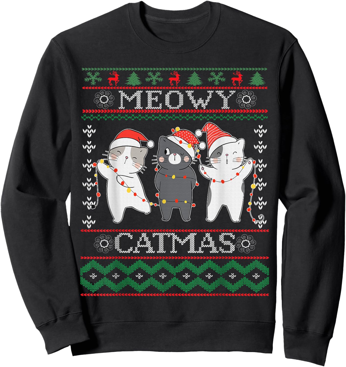 Funny Christmas Cat Matching Family Pajamas Meowy Catmas Sweatshirt - Sweatshirt | Black