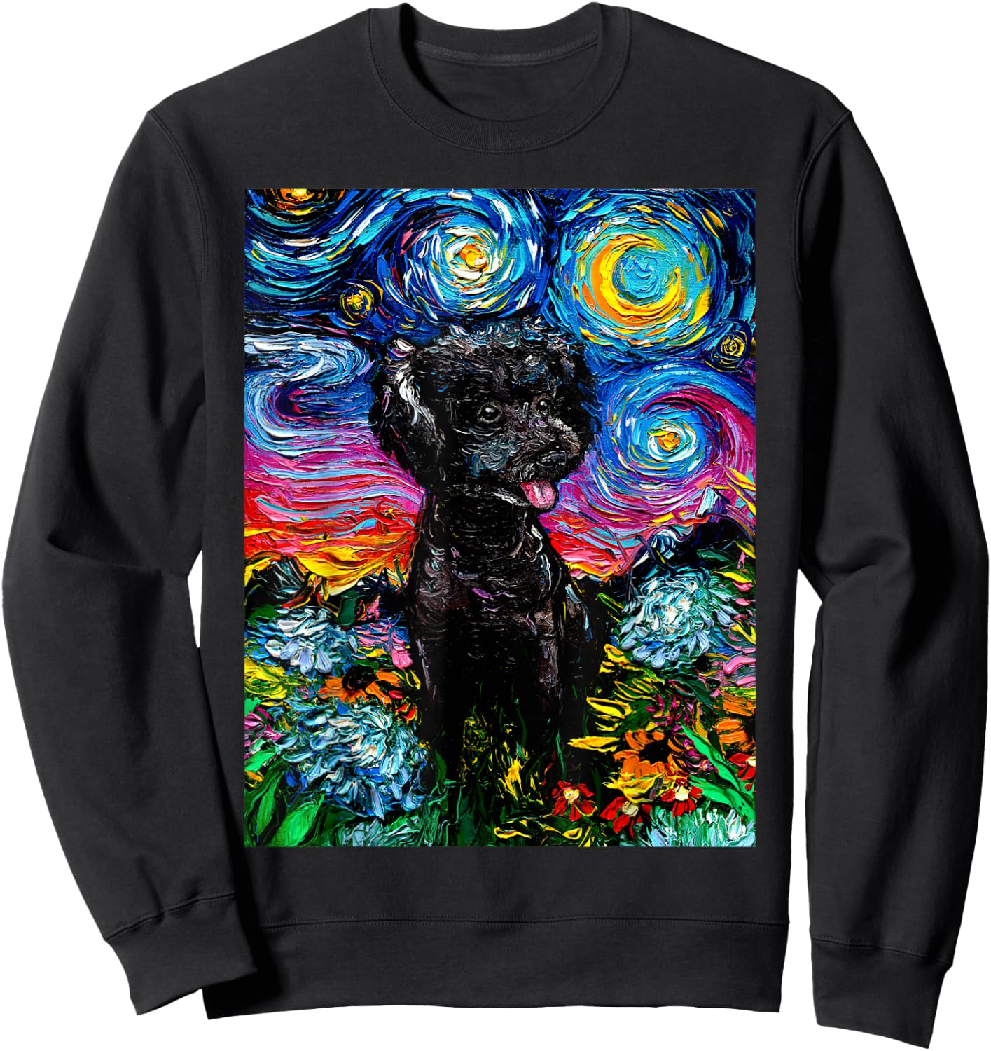 Cute Black Poodle and Flowers Starry Night Dog Art by Aja Women Kids Sweatshirt - Sweatshirt | Black