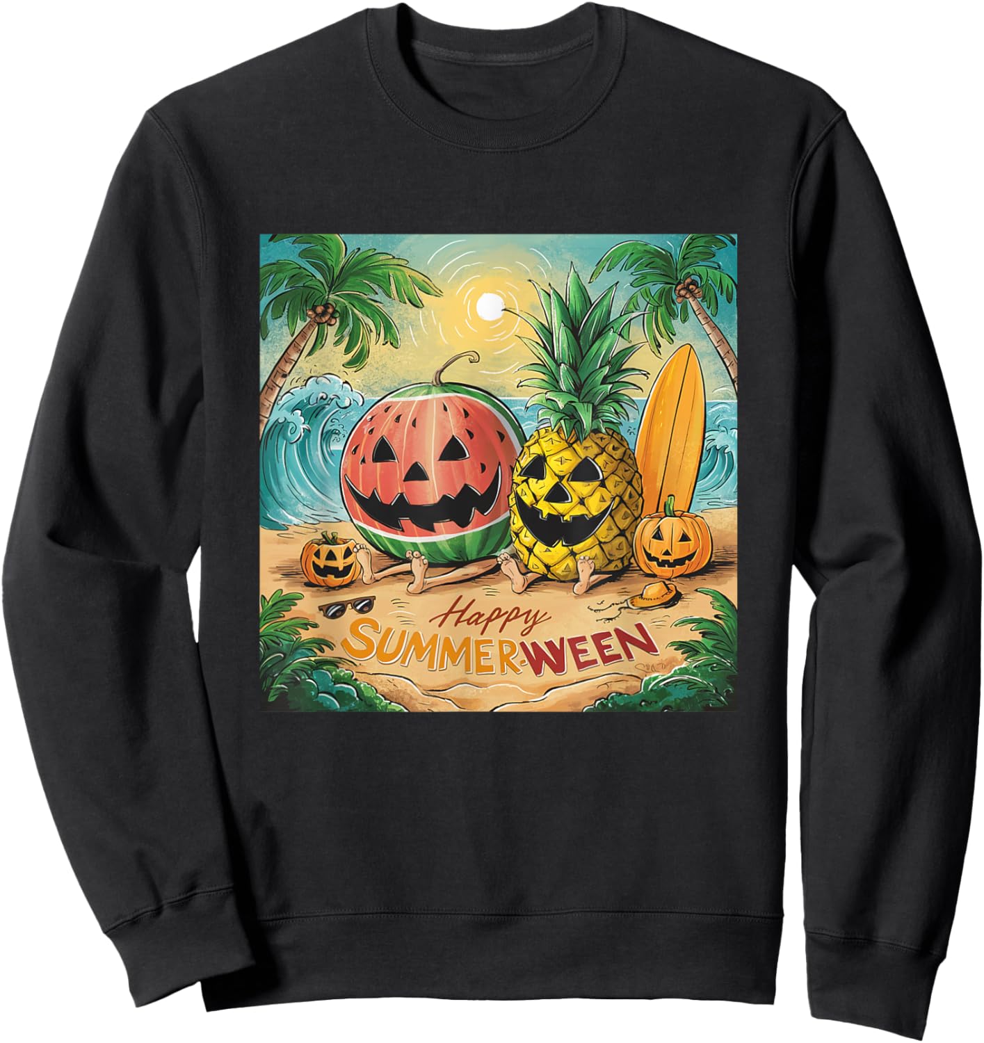 Happy Summerween Watermelon Pineapple Beach Vibes Halloween Women Kids Sweatshirt - Sweatshirt | Black