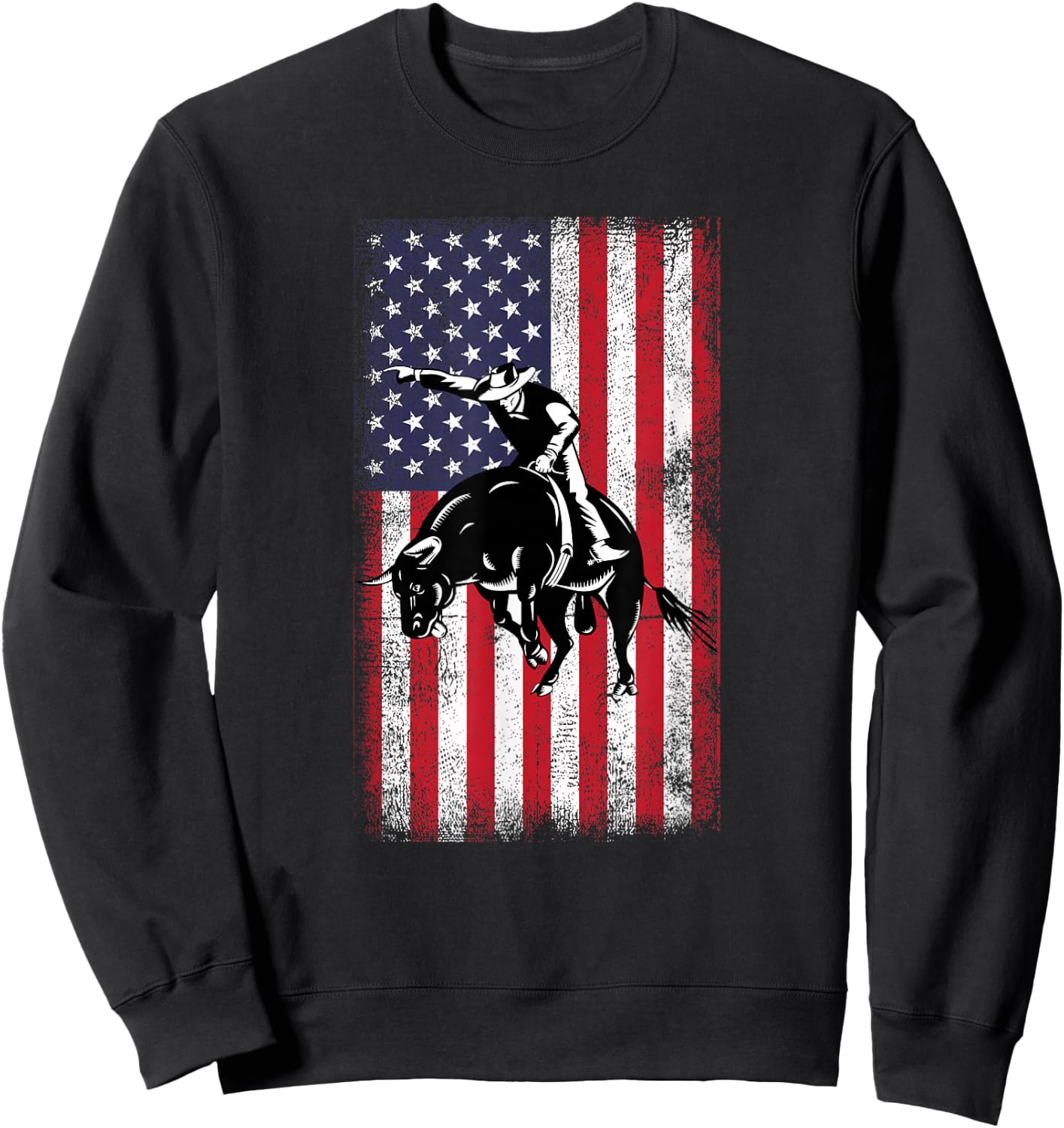 Rodeo Bull Rider Cowboys Patriotic American Flag Vintage Sweatshirt - Sweatshirt | Black