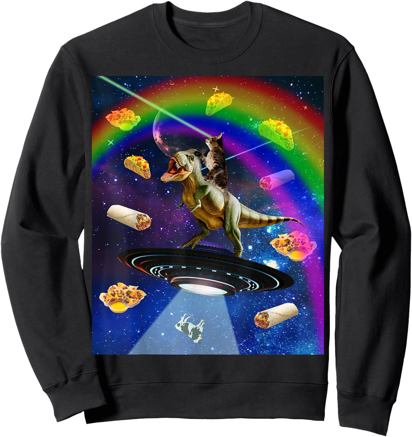 Laser Eyes Outer Space Cat Riding On T-Rex Dinosaur Women Sweatshirt - Sweatshirt | Black