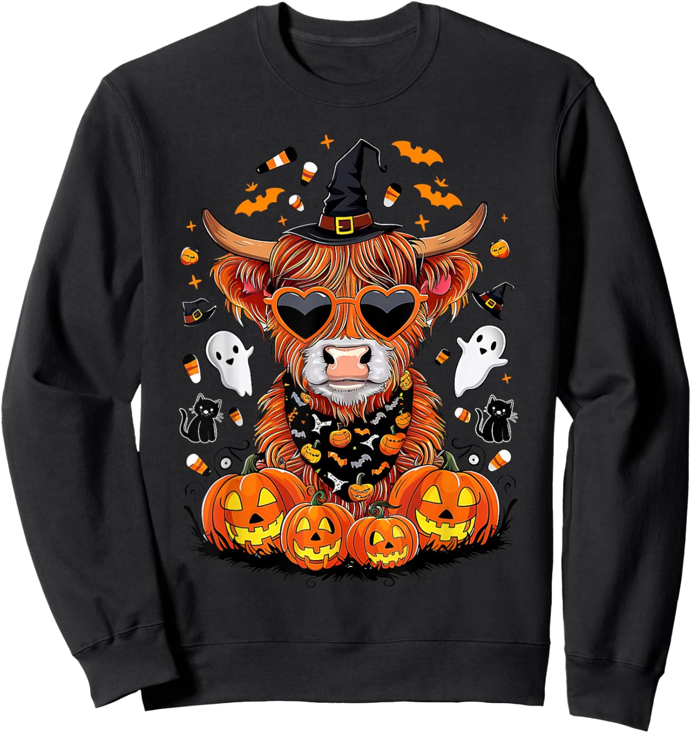 Halloween Highland Cow Farm Western Ghost Cow Witchy Pumpkin Sweatshirt - Sweatshirt | Black