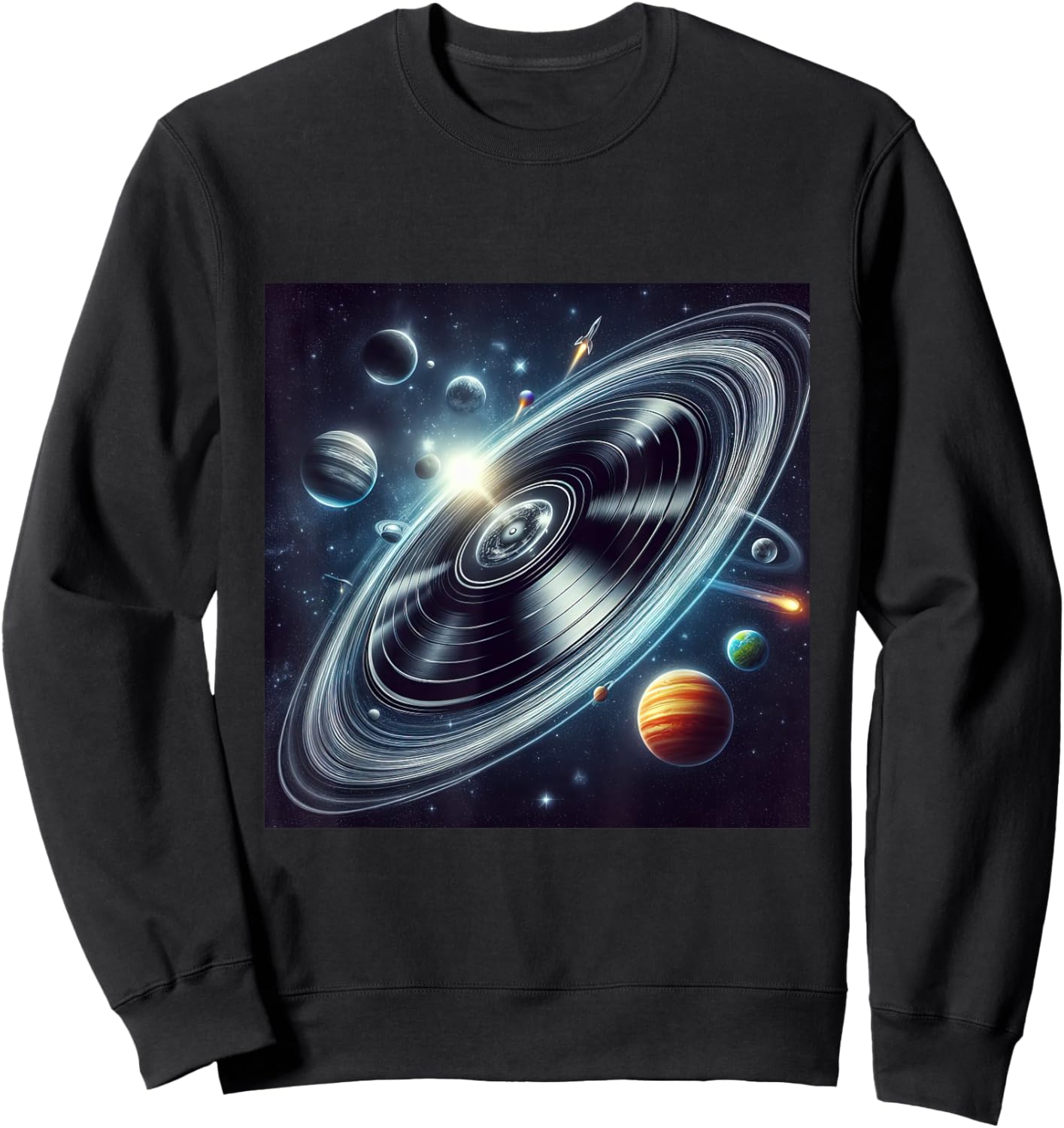 Vinyl Record Orbiting Through Space Cosmic Trails Planets Sweatshirt - Sweatshirt | Black