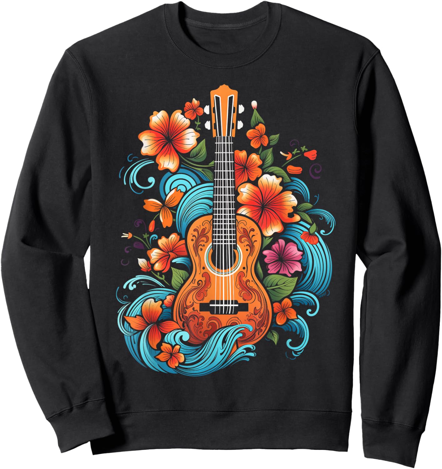 Ukulele Hawaii Hibiscus Flowers Guitar Hawaii Surfer Ukulele Sweatshirt - Sweatshirt | Black