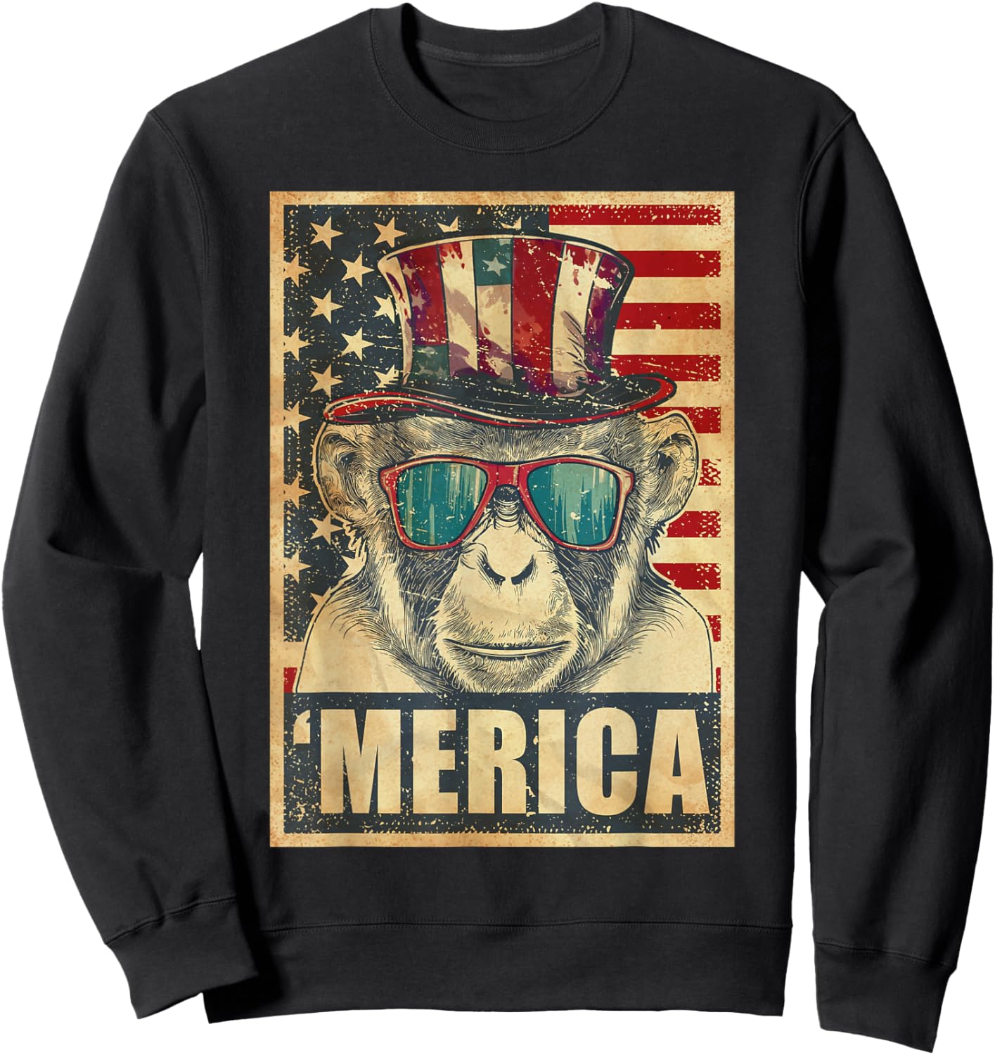 Monkey Merica Vintage American Flag 4th Of July Sweatshirt - Sweatshirt | Black