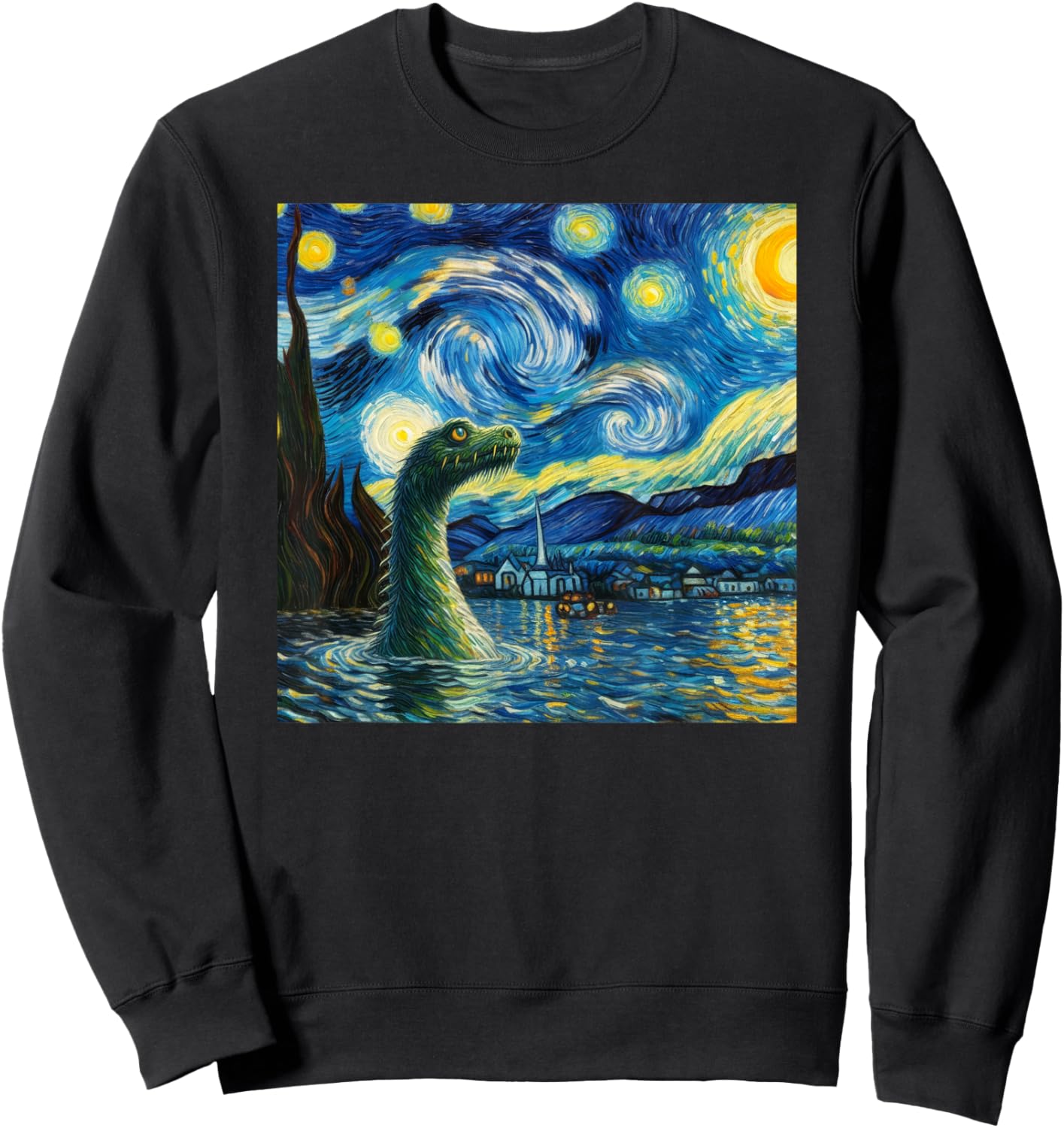 Loch Ness Monster in Starry Night Van Gogh Style Nessie Sweatshirt - Sweatshirt | Black