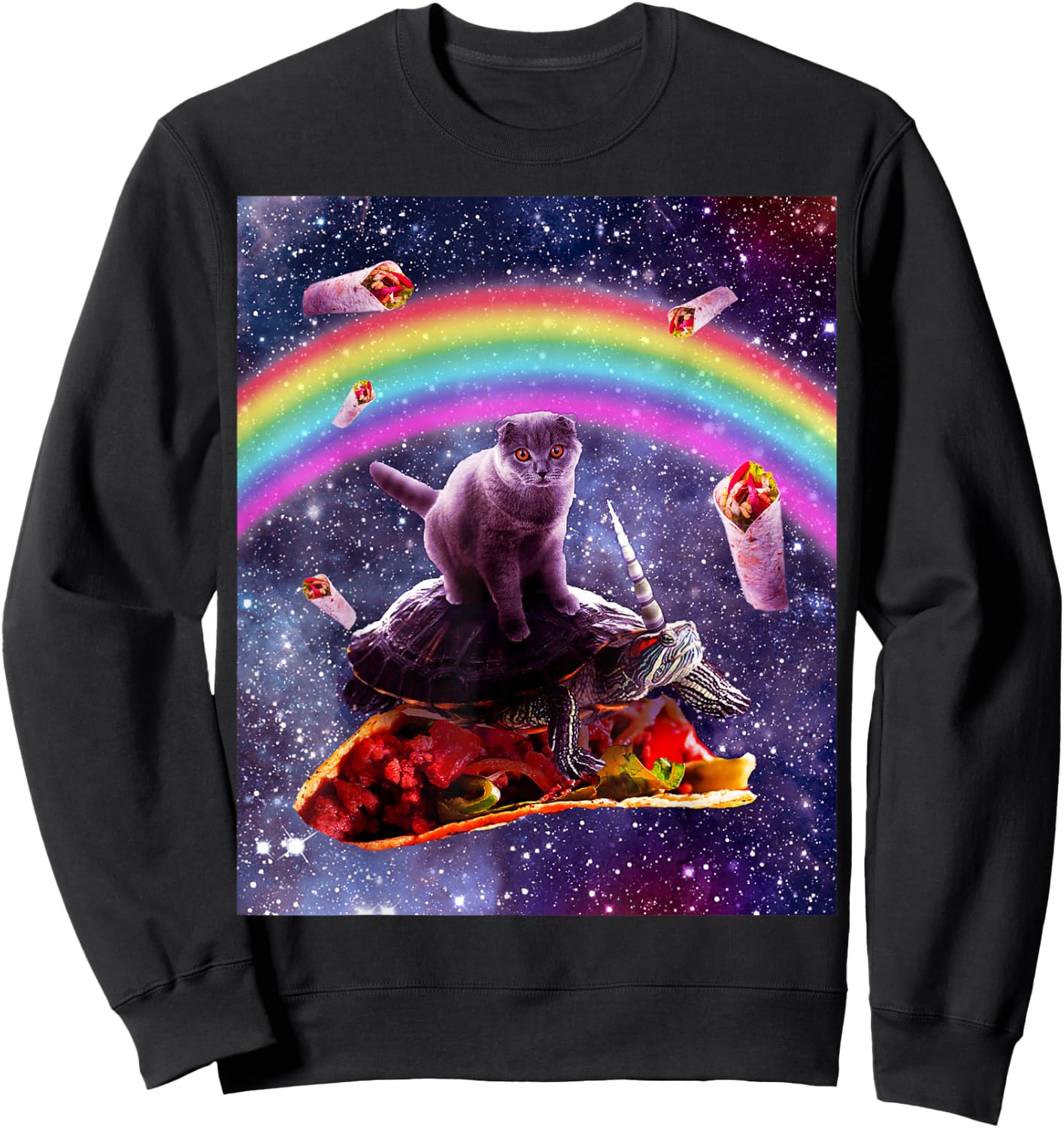 Space Cat Riding Turtle Unicorn - Taco & Burrito Sweatshirt - Sweatshirt | Black