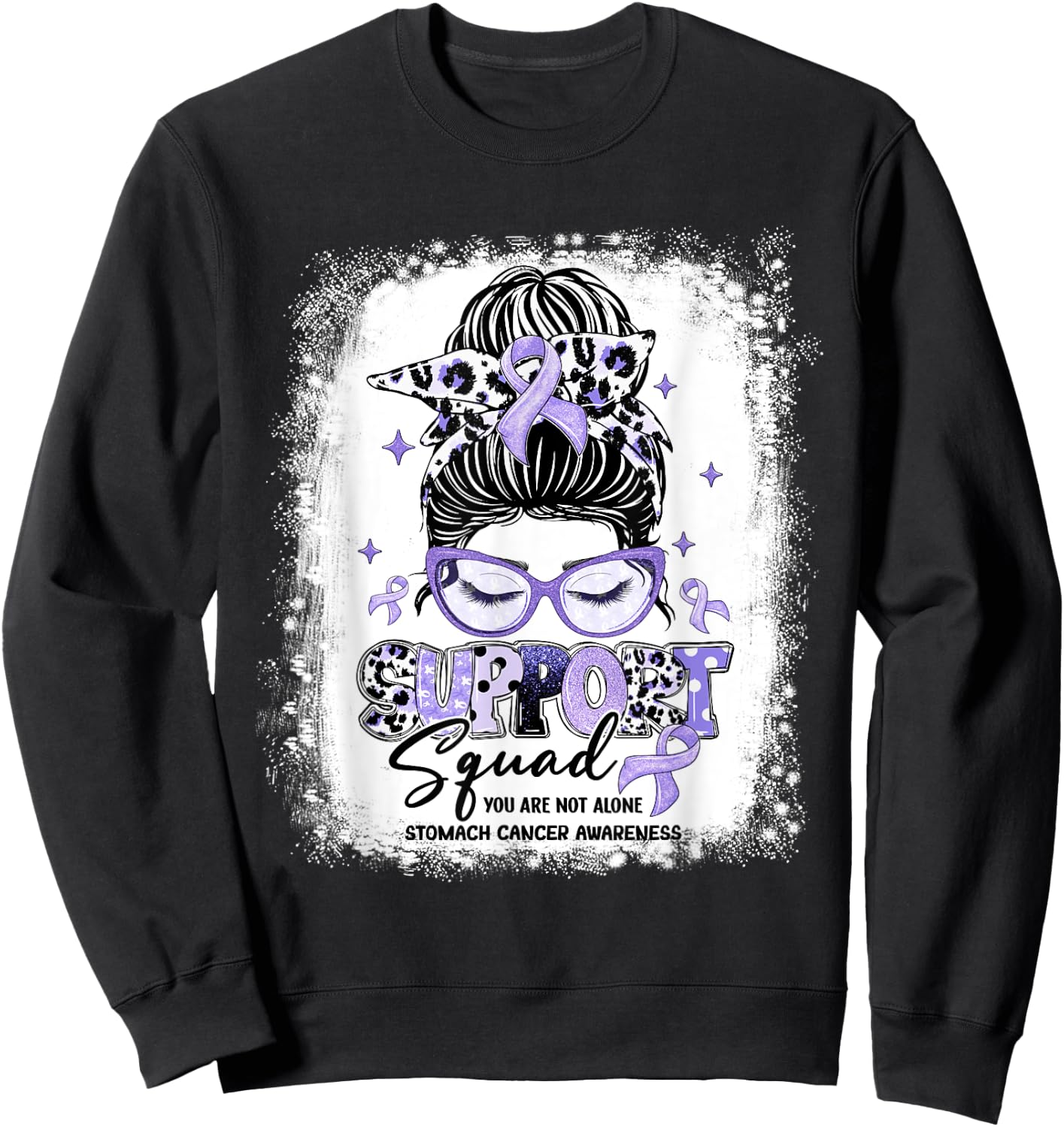 Support Squad Leopard Messy Bun Stomach Cancer Awareness Sweatshirt - Sweatshirt | Black