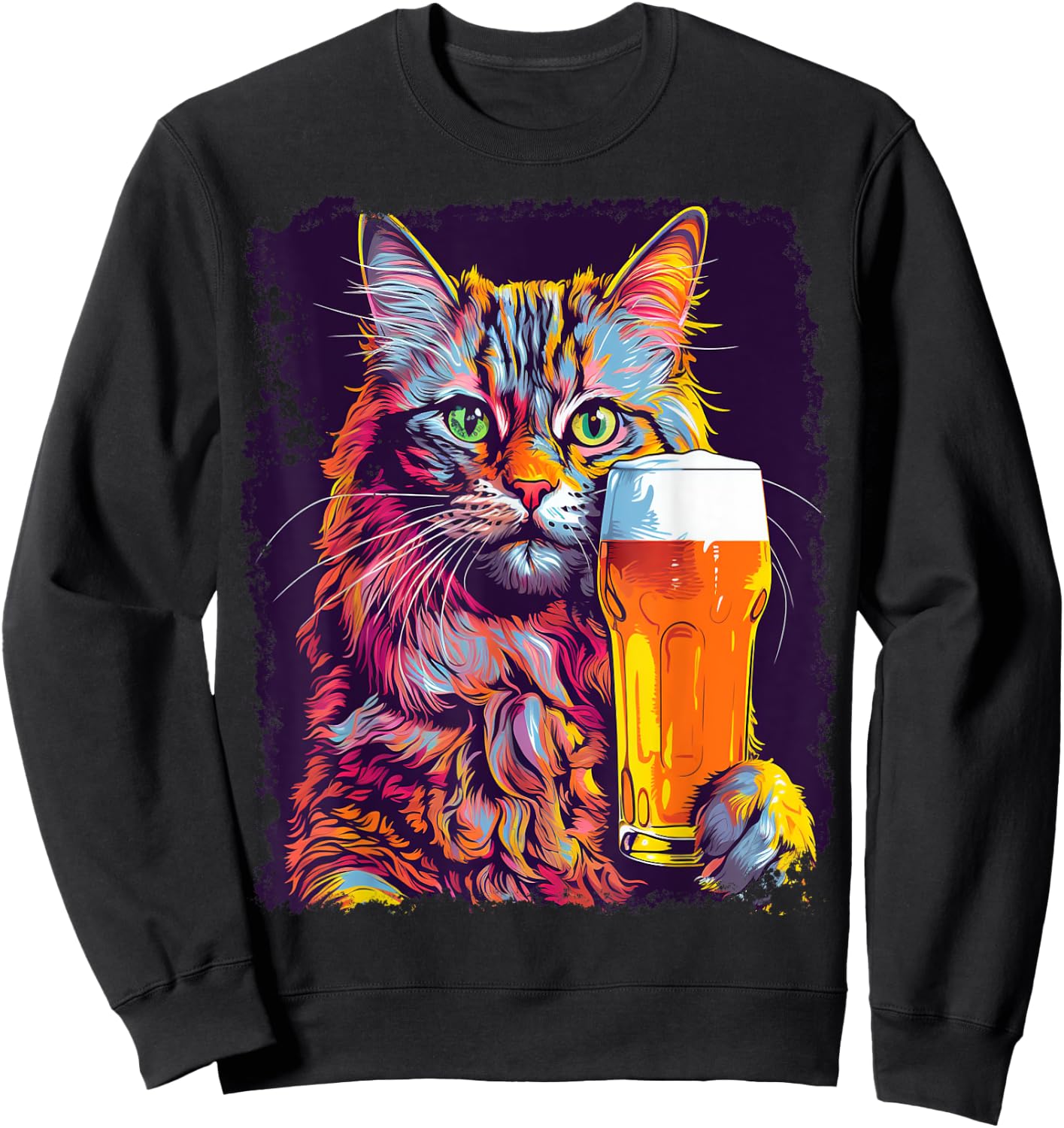 Noah&Friends Cat Drinking Beer -Adults Black Small Classic Fit U-Neck Sweatshirt - Sweatshirt | Black