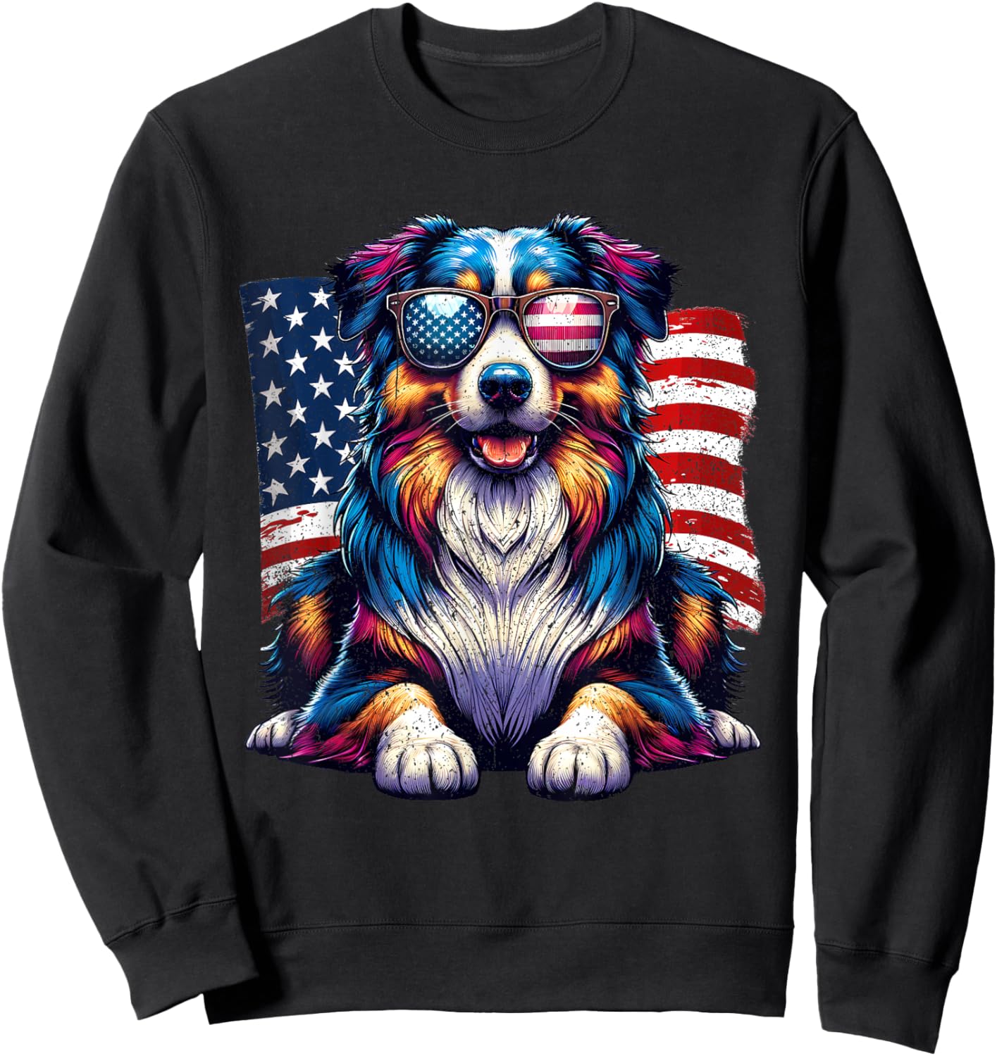 Vintage Australian Shepherd American Flag Pets Dogs USA US Sweatshirt - Sweatshirt | Black
