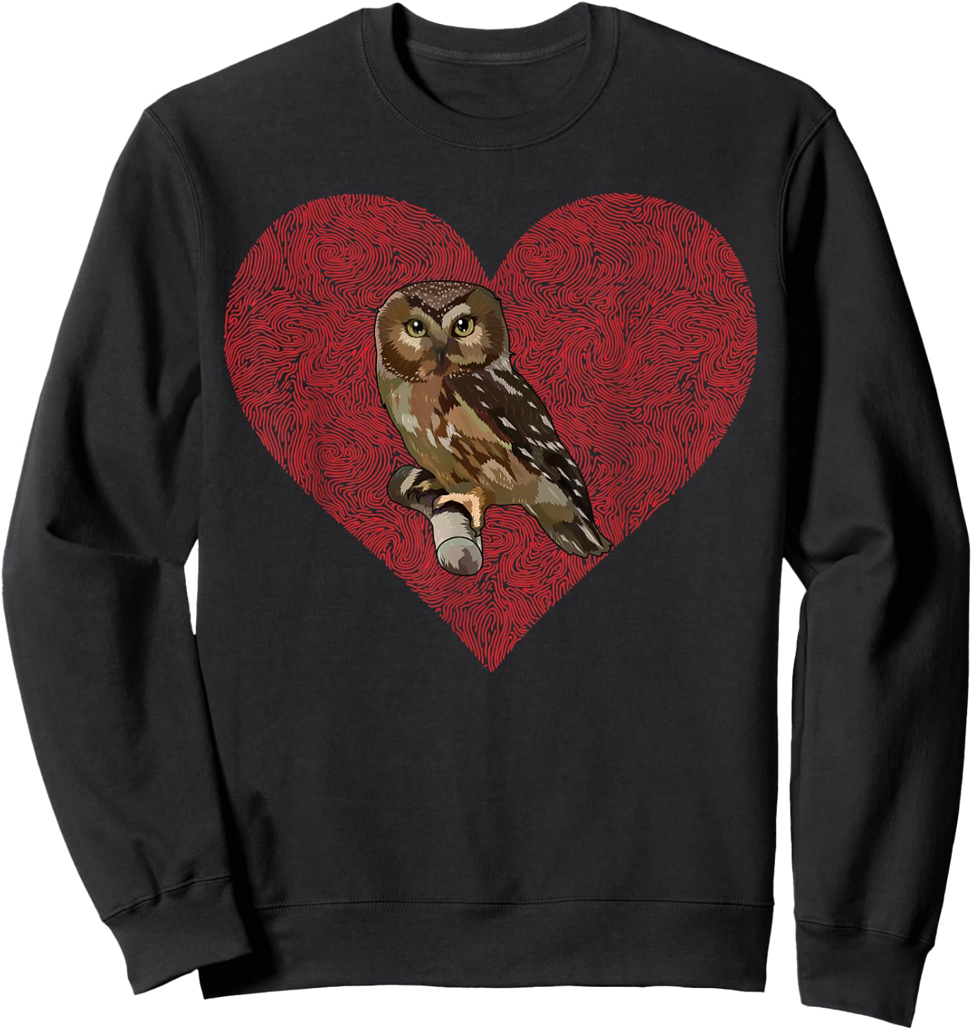 Northern Saw-whet Owl Valentines Day Bird Love Fingerprint Sweatshirt - Sweatshirt | Black