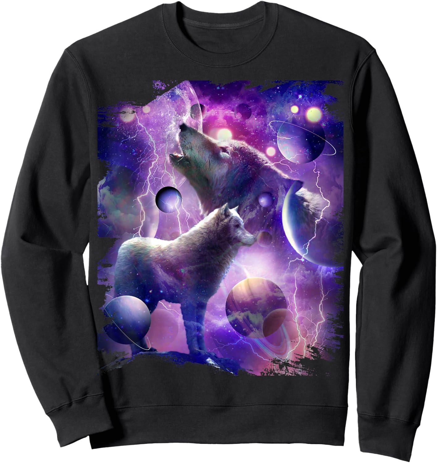 Cosmic Wolf Howling at Moon in Space Sweatshirt - Sweatshirt | Black