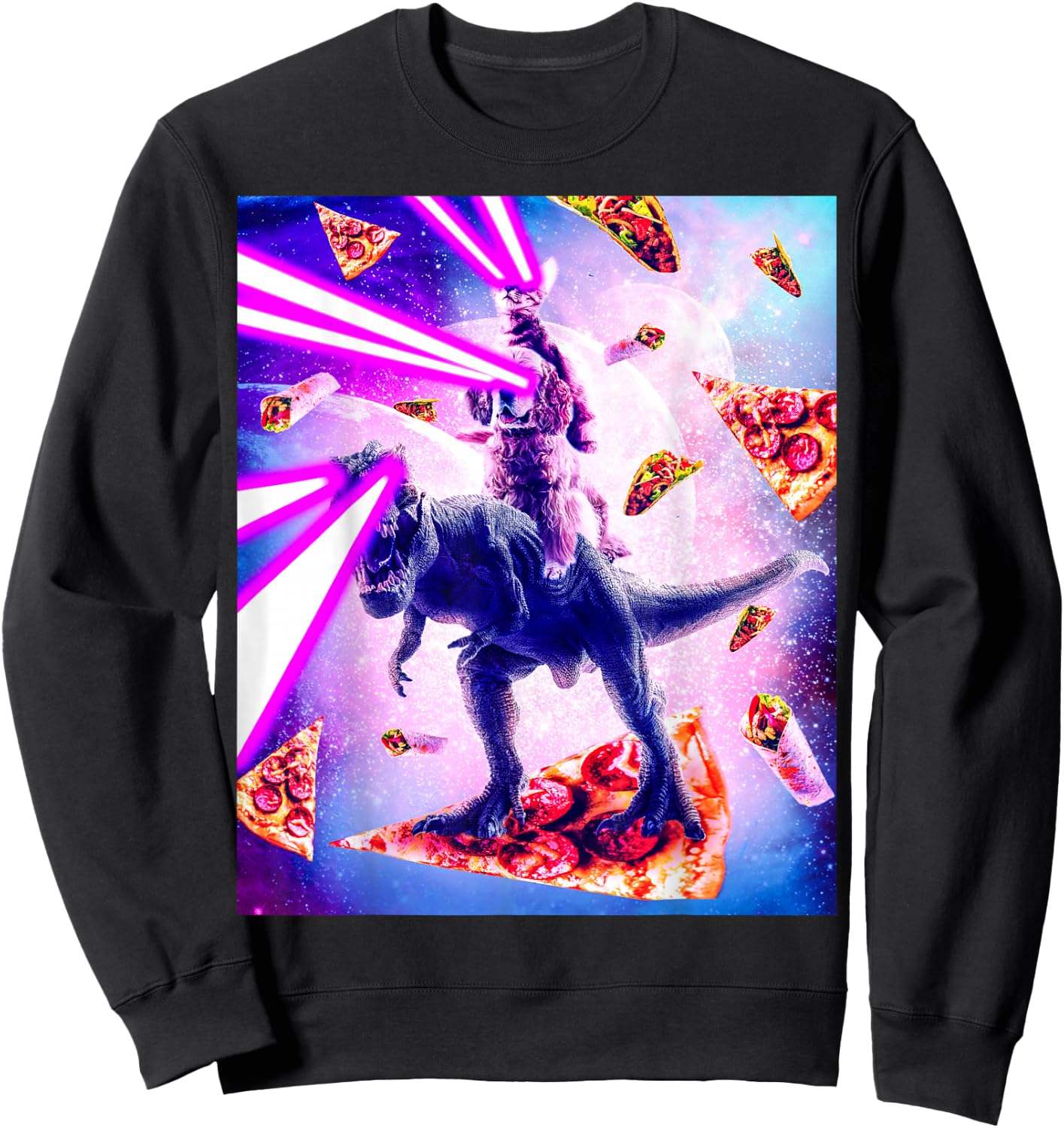 Laser Eyes Space Cat Riding Dog And Dinosaur Sweatshirt - Sweatshirt | Black