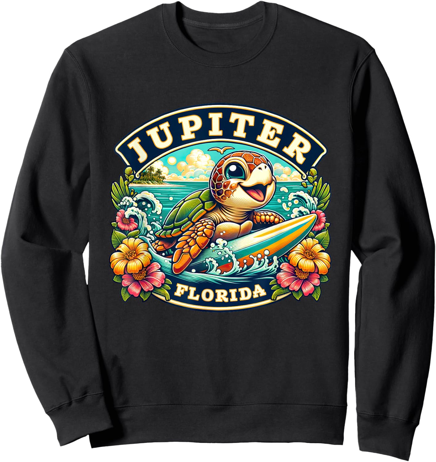 Jupiter Florida Cute Sea Turtle Surfing Sweatshirt - Sweatshirt | Black