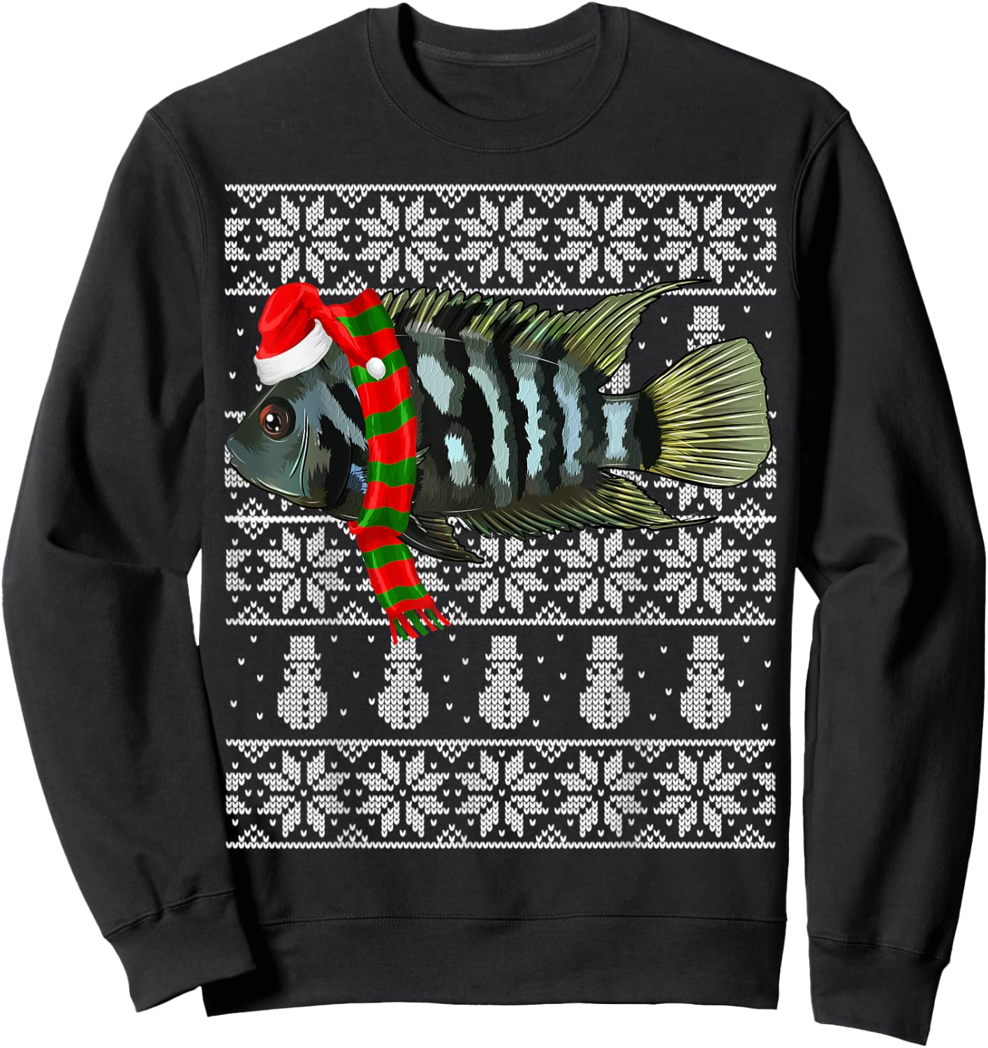 Fish Xmas Santa Hat Convict Cichlids Ugly Christmas Sweatshirt - Sweatshirt | Black