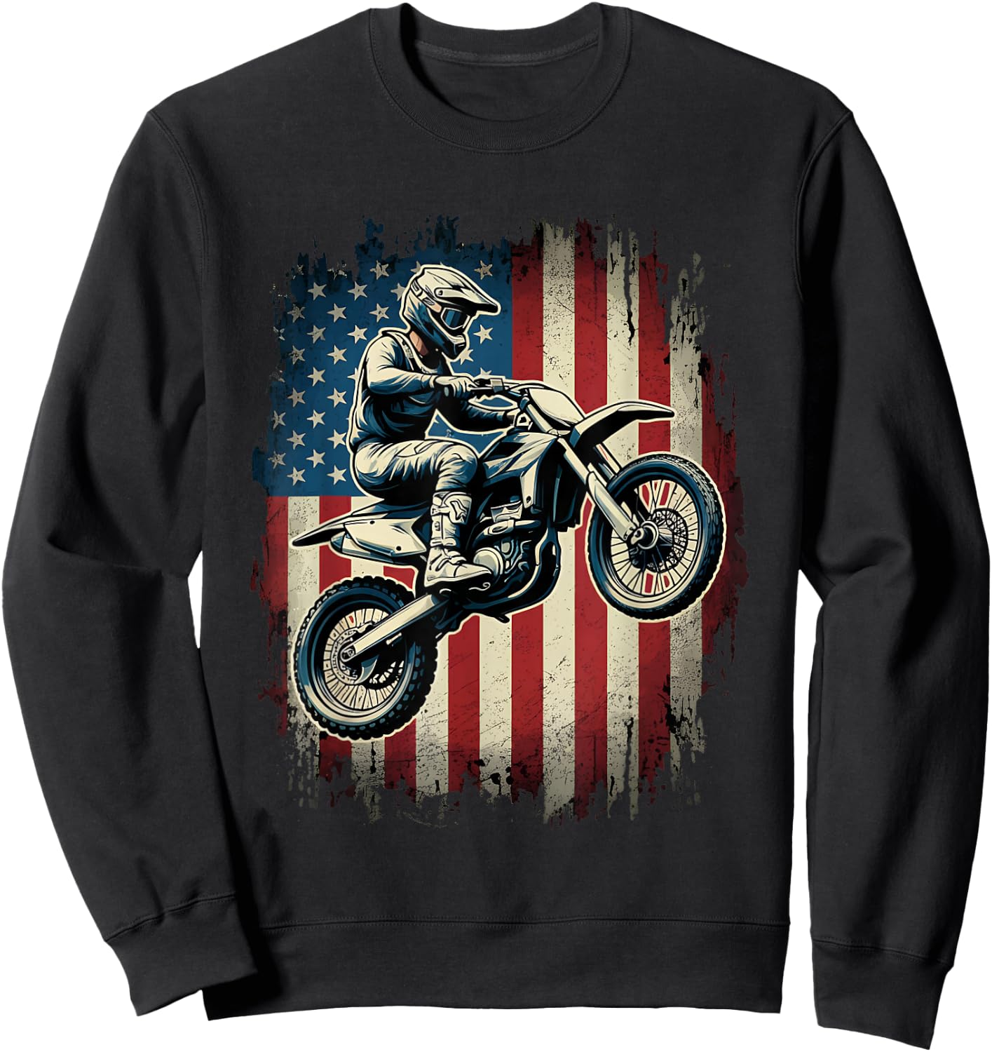 Dirt Bike American Flag Motocross Biker USA Vintage Sweatshirt - Sweatshirt | Black