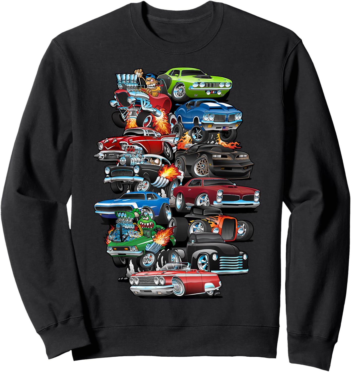 Car Madness! Muscle Cars, Classic Cars and Hotrods Cartoon Sweatshirt - Sweatshirt | Black