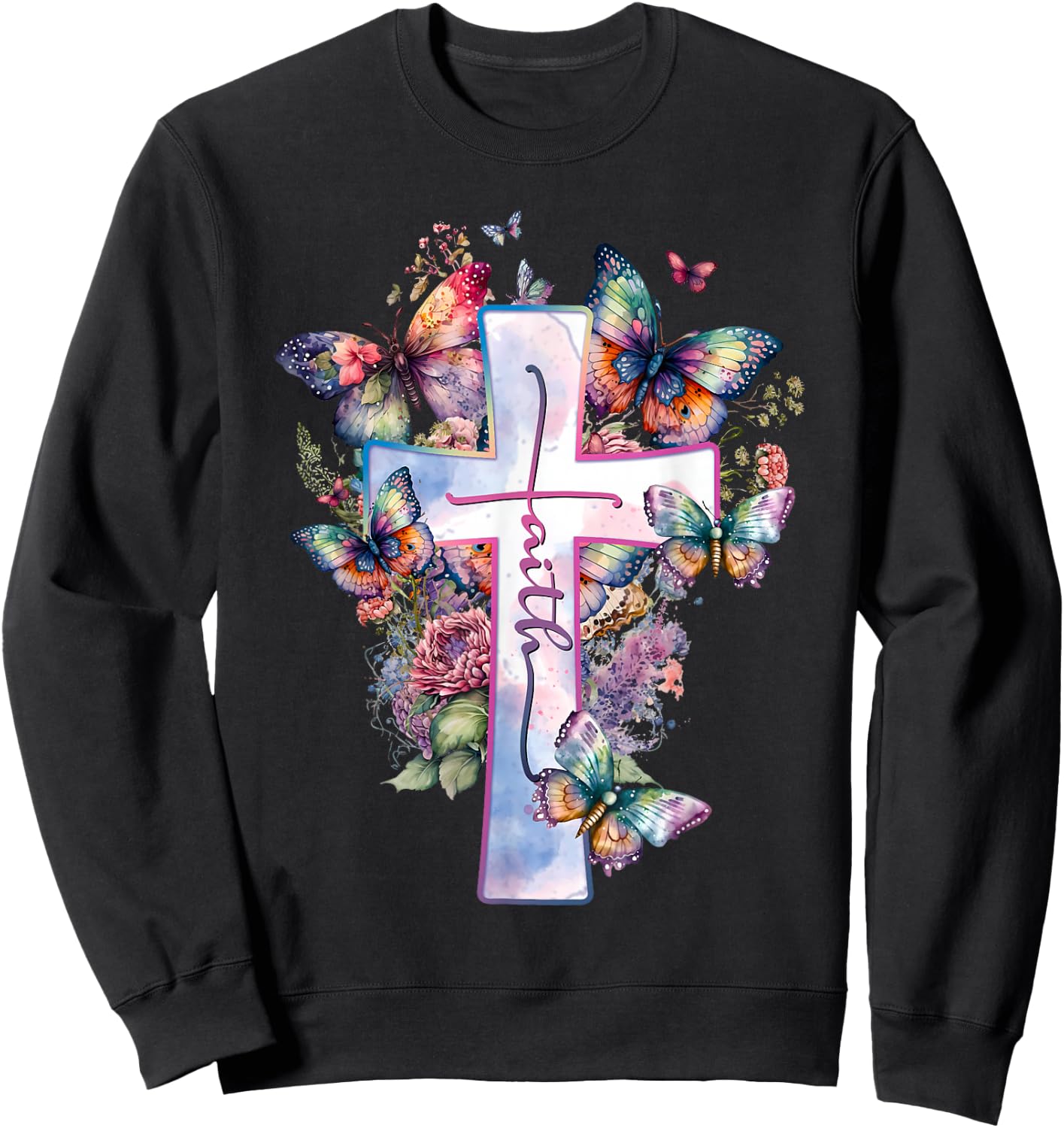 Faith-Cross Floral Butterflies Christ Flowers Religious Sweatshirt - Sweatshirt | Black