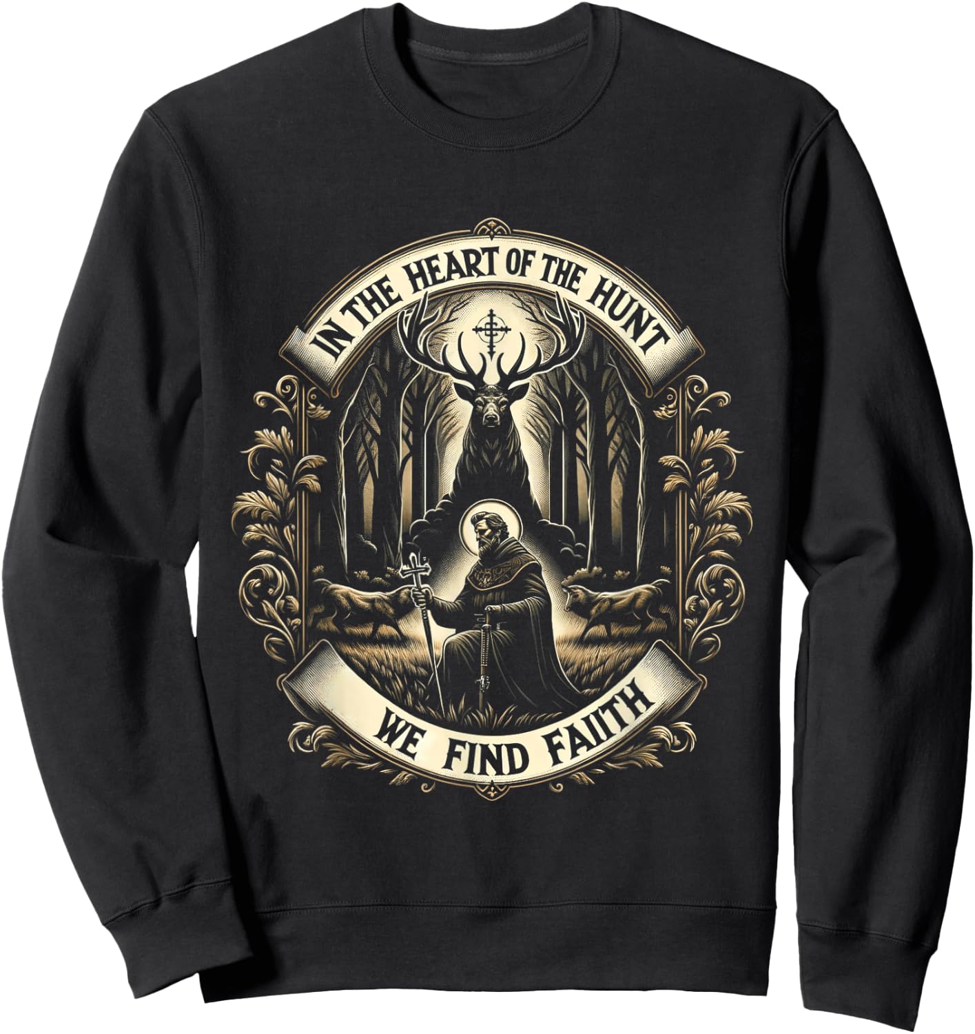 St. Hubertus Patron Hunter & Stag - Christian Faith Sweatshirt - Sweatshirt | Black